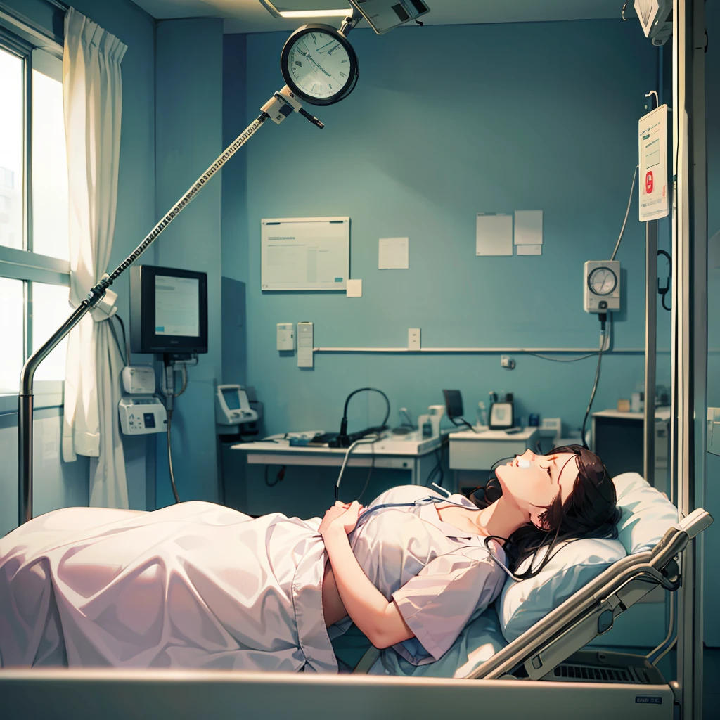 (Intensive Care Unit 1.3 in the hospital)
(A woman lying on a hospital bed 1.4)
(Eyes closed 1.3)
(Several doctors stood by the bed1.5)