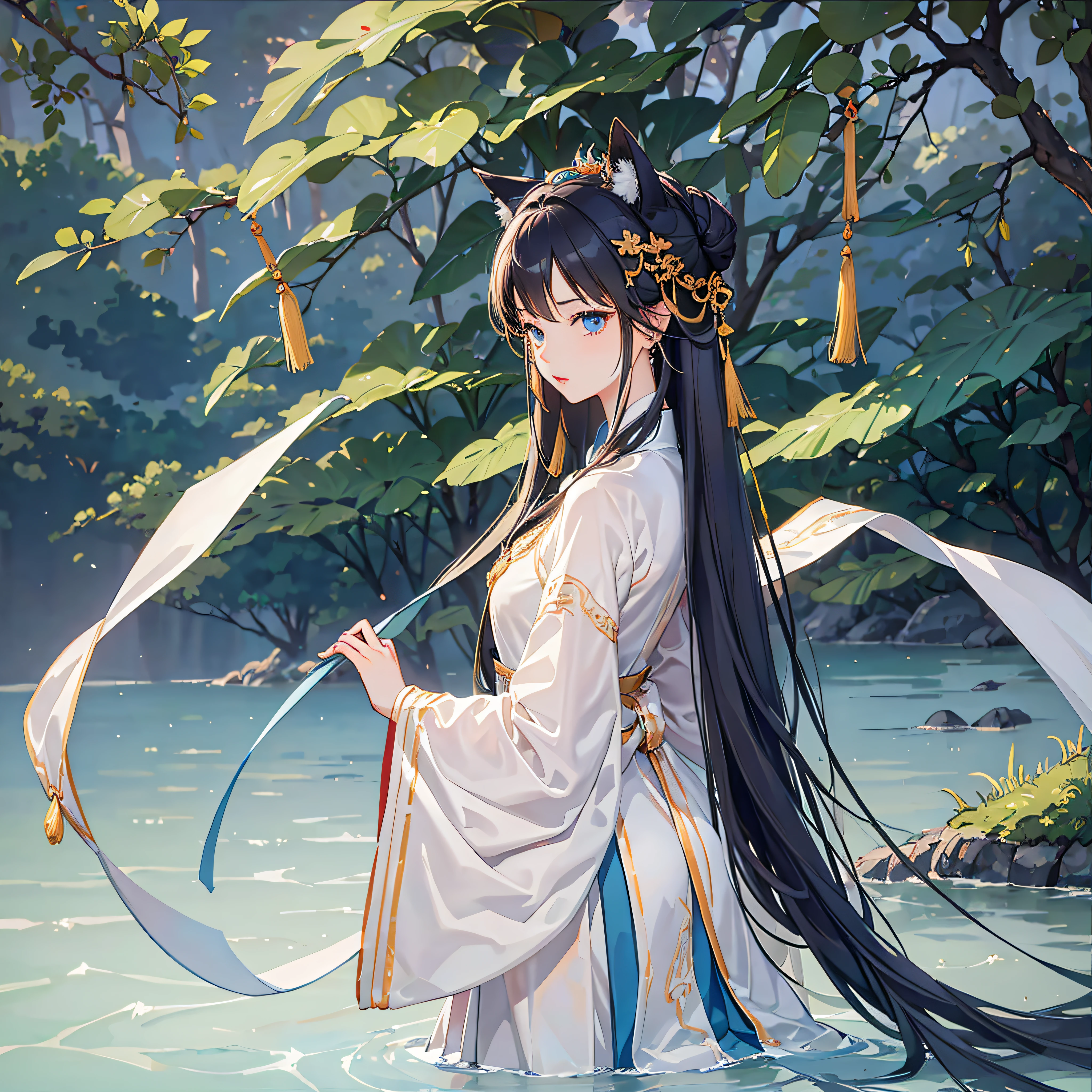 Long black flowing hair, a pair of fox ears on the head, long flowing hair clothes fit smoothly on the back, white Hanfu is comfortable and flowing on the body, beautiful shape, blue eyes, 17 years old, soft woman, background: lush forest, standing in the water, tassel hair crown on the head, wearing light blue earrings, pearl necklace, long legs --auto