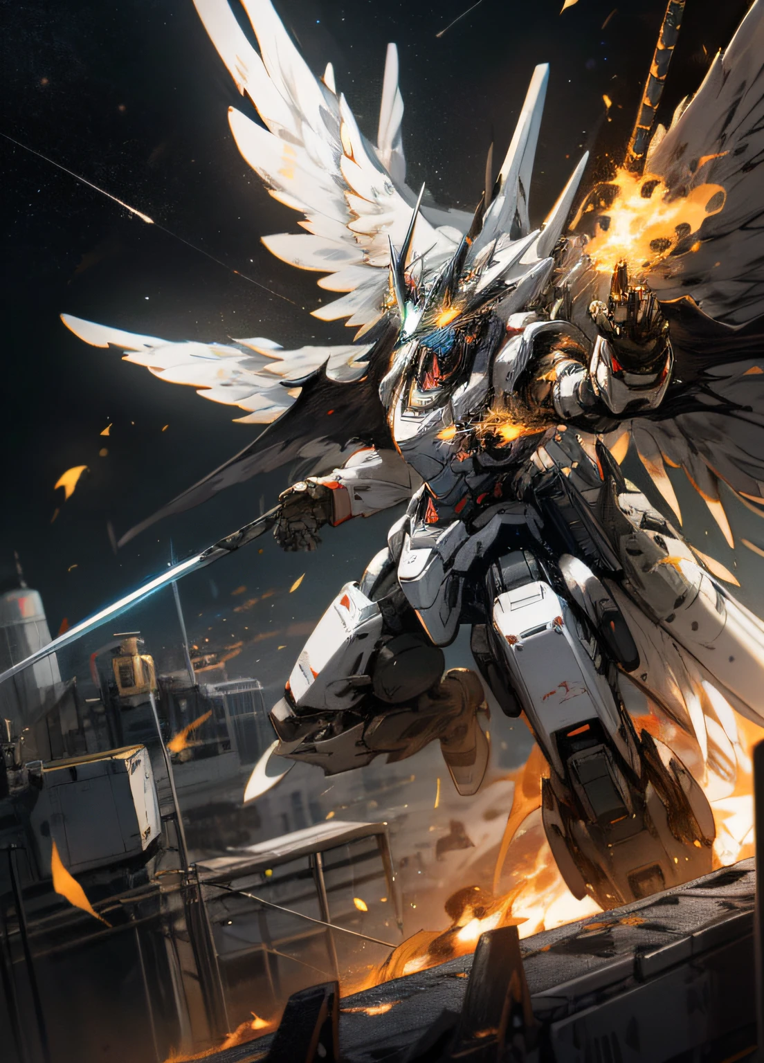 space, beautiful star, lunar surface, holding_weapon, no_humans, glowing , robot, building, glowing_eyes, mecha, science_fiction, real, mecha, (black), ((demon)), flying, wings, engulfed in flames,