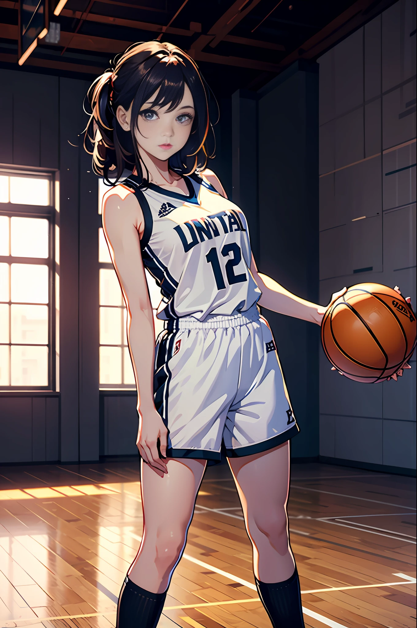 (masterpiece),1beautiful girl,(extremely detailed CG unity 8k wallpaper),best quality,solo,cinematic lighting,detailed background,basketball uniform,beautiful detailed eyes,bright pupils, large breasts,narrow waist,nice foots,(an extremely delicate and beautiful),(Beautiful and detailed eye description)basketball venue,ultra-detailed,masterpiece,