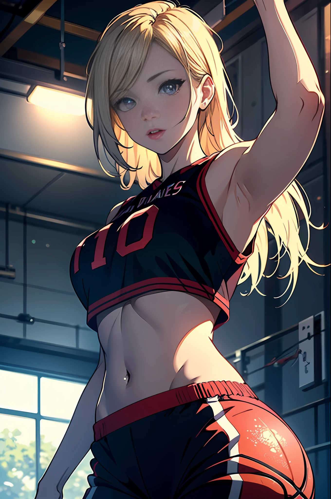 (masterpiece),1beautiful girl,(extremely detailed CG unity 8k wallpaper),best quality,solo,cinematic lighting,detailed background,basketball uniform,beautiful detailed eyes,bright pupils, large breasts,narrow waist,nice foots,(an extremely delicate and beautiful),(Beautiful and detailed eye description)basketball venue,ultra-detailed,masterpiece,