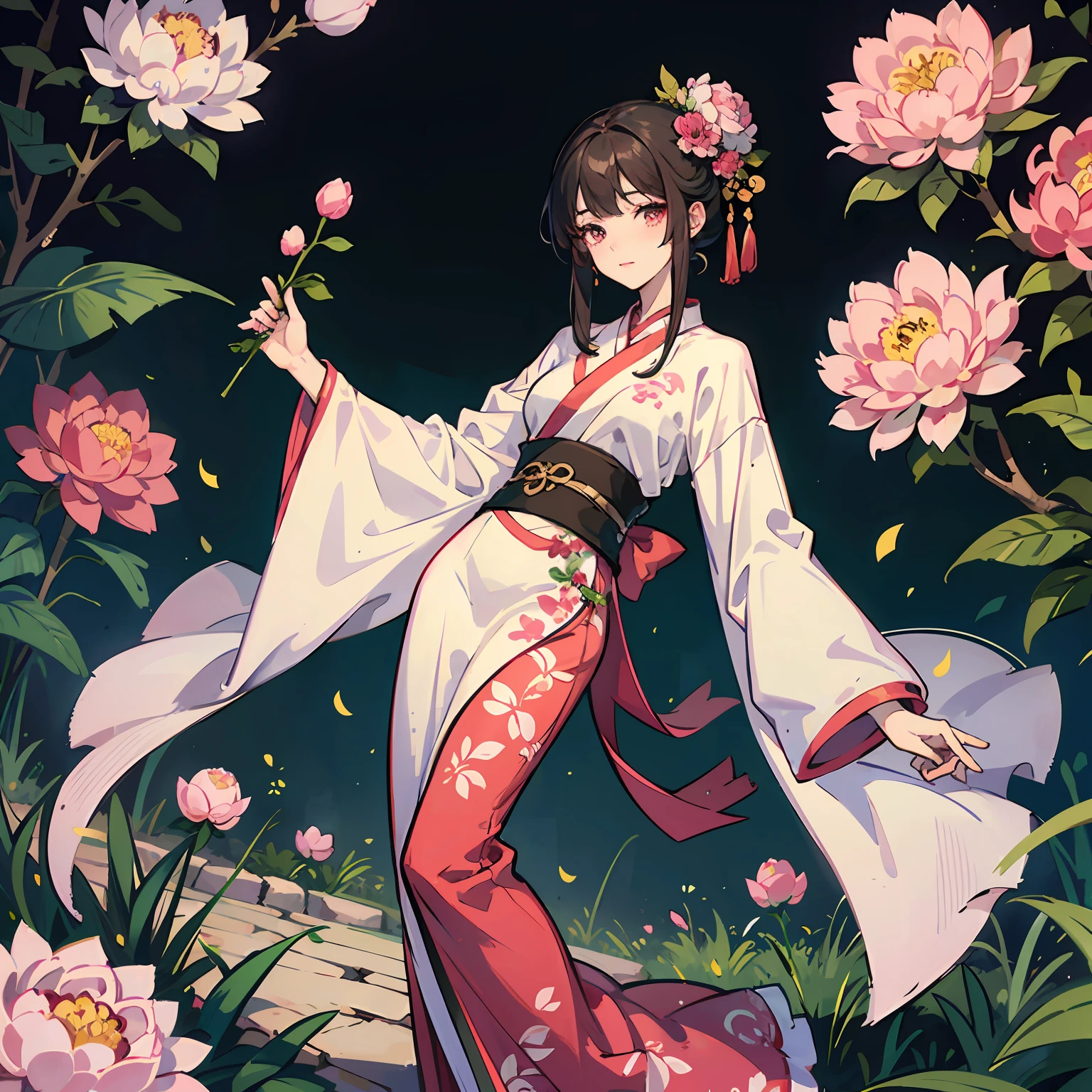 Ancient beauties; Hair; slim figure; Big eyes; with dimples; pink Hanfu; In a garden full of peonies --auto