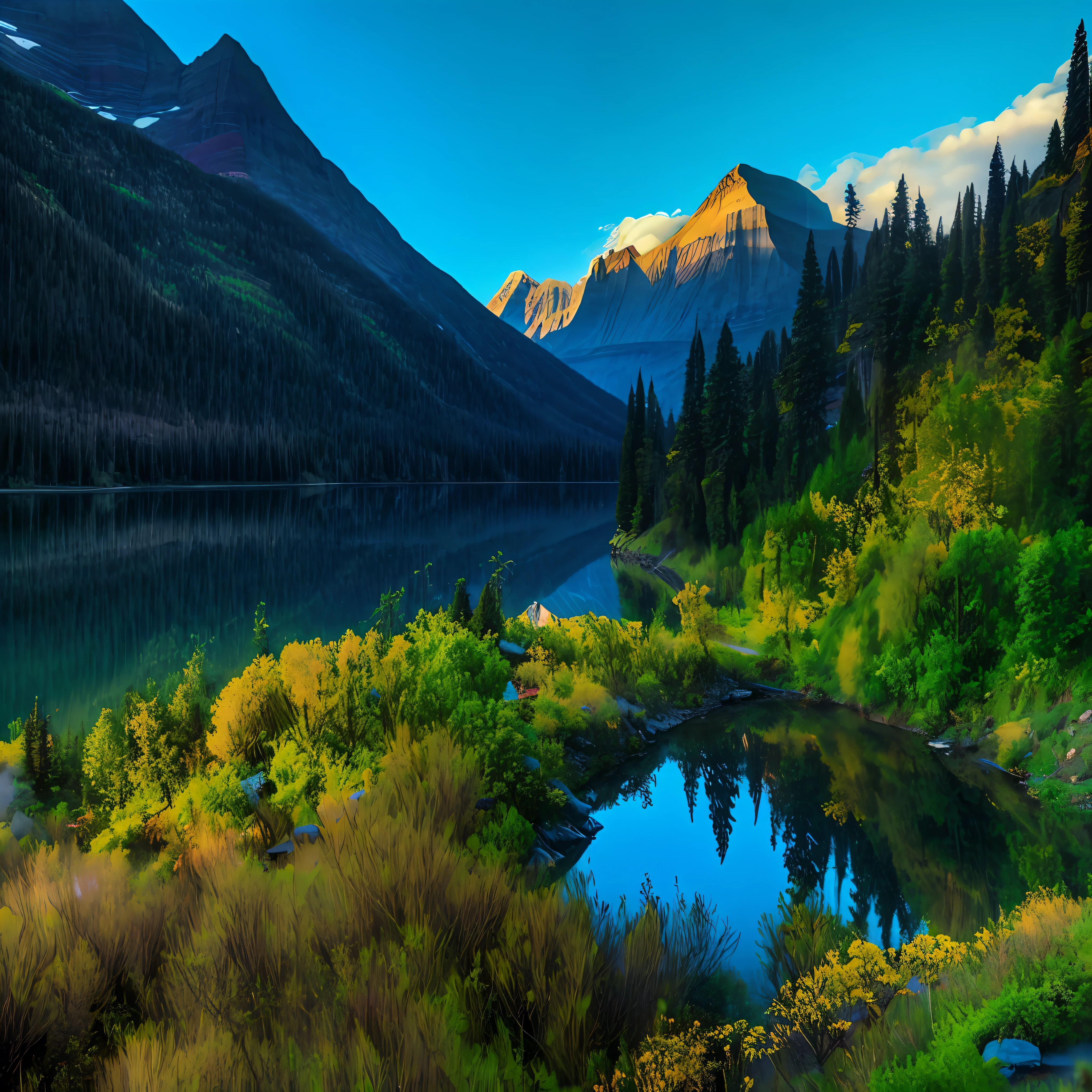 mountains and a lake in the middle of a forest filled with green grass, majestic nature scenery, glacier national park, lakeside mountains, nature scenery, mountains river trees, beautiful lake background, beautiful lake, very beautiful scenery, scenic mountain setting, beatiful mountain background, mountain lakes, mountains and lakes, beautifully lit landscape, mountain lake, very very beautiful scenery, nature wallpaper