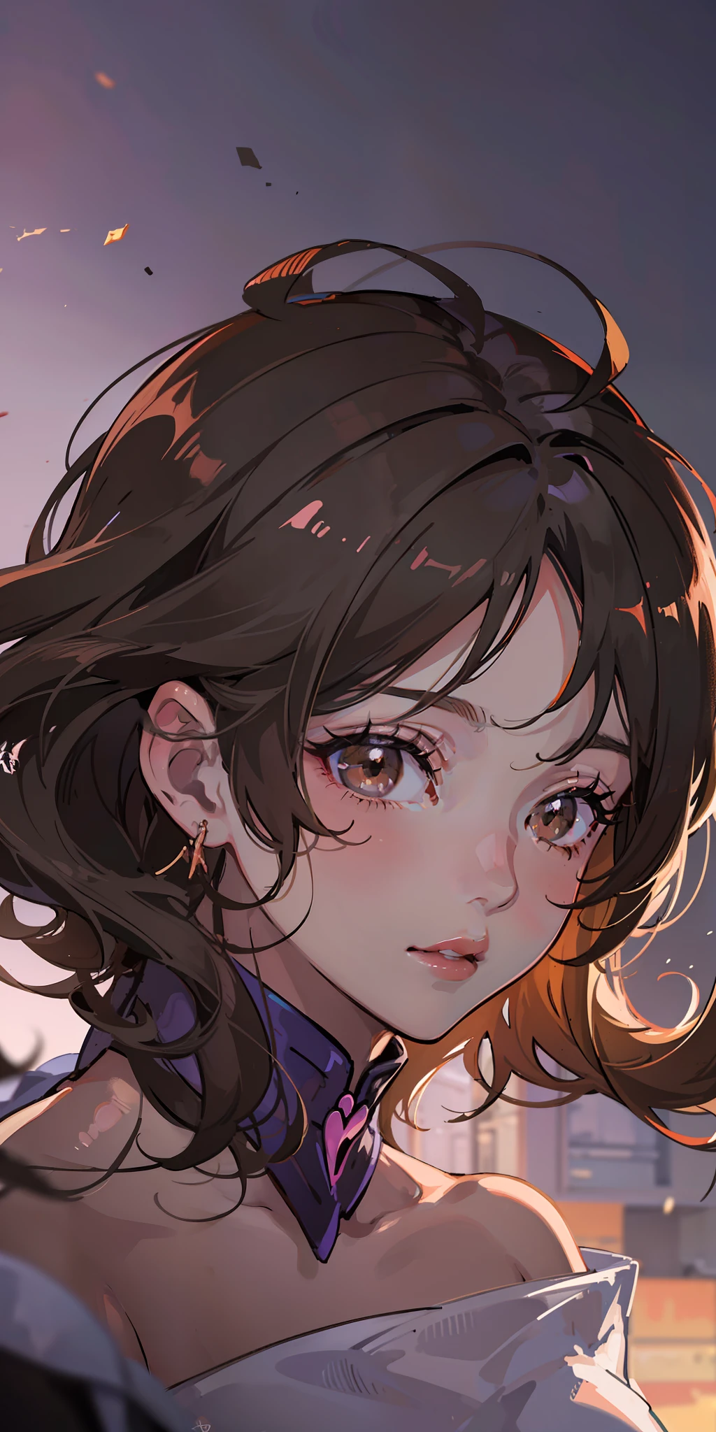 ((masterpiece)), ((best quality)), ((anime)), ((old effect)), ((90s anime)), girl, dark skin tone, ((brown eyes)), (( perfect)), eyebrow, nose, ear, mouth, lips, curly hair Large, neck, shoulders, ((arm)), ((dark lilac background)), lascivious,