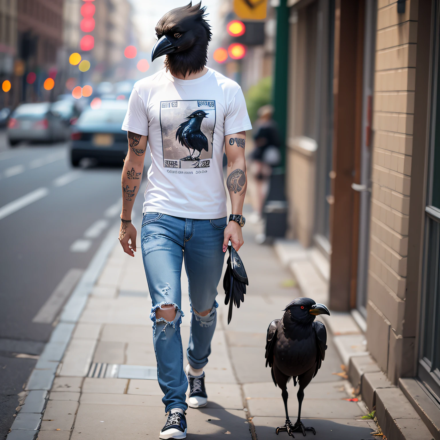 Anthropomorphic crow wearing white t-shirt, blue jeans,with tattoos. Walks down sidewalk