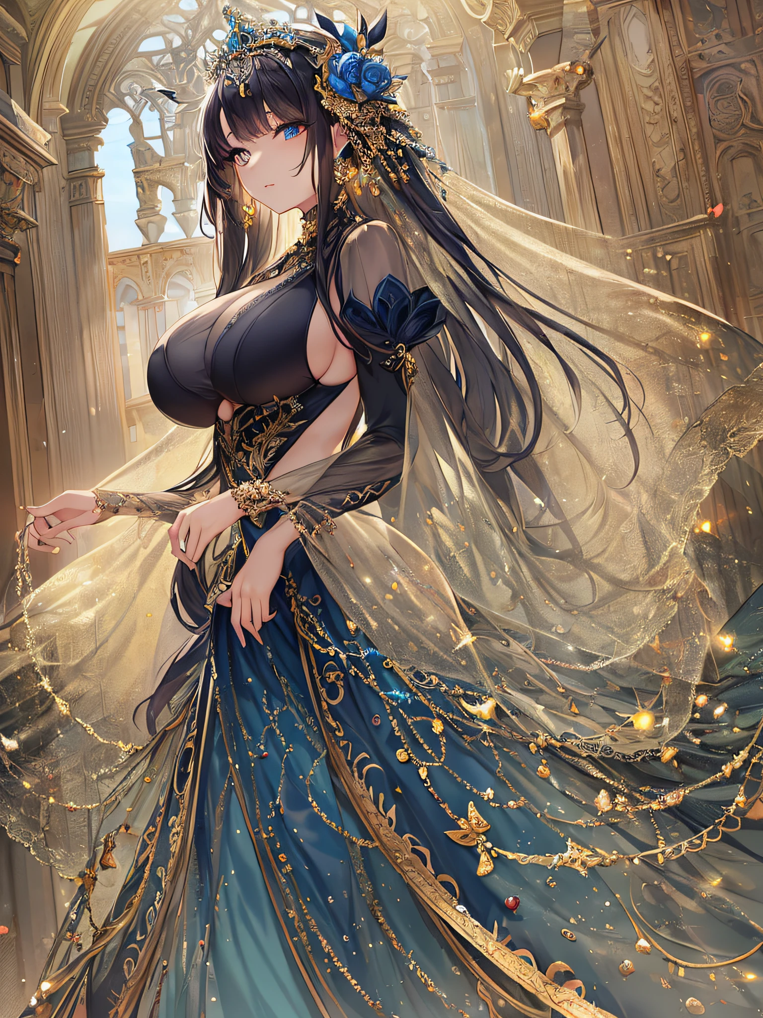 ((anime artstyle)),(Masterpiece),(Best Quality), (Super Detail),Illustration,((Very Delicate and Beautiful)),Focus on character,Dynamic Angle,Looking at viewer,((Solo)),standing,(((full body))),((one noble princess in gorgeous ball gown with voluminous skirt)),detailed face and eyes,jewel-like eyes,((Very Long voluminous Hair)),gorgeous embroidery and lace,See-through,ornate ruffles,Gorgeous jewelry ornaments,luxury hair ornament,luxury tiara with jewels,(gigantic breasts,Long breasts),full body,((gorgeous ball gown with voluminous skirt))