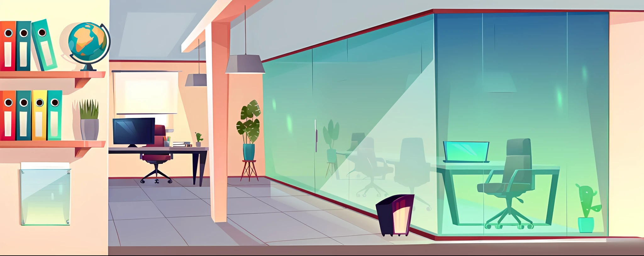 there is a cartoon of a room with a desk and a computer, office background, corporate animation style, corner office background, interior background art, animation style render, commercial illustration, background artwork, office cubicle background, offices, background 1970s office, stylized digital illustration, detailed 2d illustration, interior background, random background scene, background art