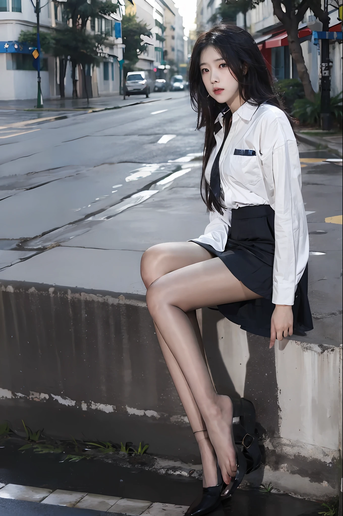 ((masterpiece, best_quality)), 1girl, (真实感:1.4), solo, white_background, black_hair, long_hair, zettai_ryouiki, skirt, ((full_body)),(((露出腰部马甲线))),(((黑丝袜))),(((镂空胸罩))),修长美腿,