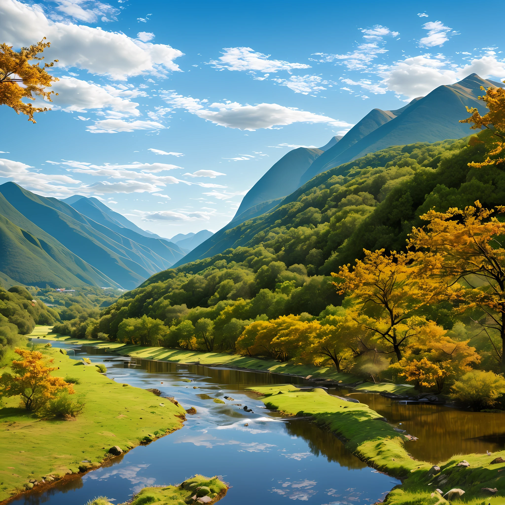 Small river, surrounded by mountains, grass, peach blossom forest highlighted, blue sky and white clouds, surrealism, 8k, super detail --auto
