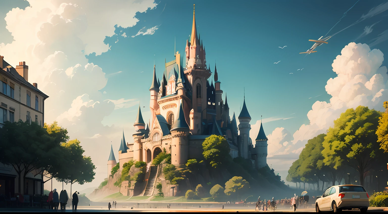 Dream city, there are speeding hovercars, castles in the sky, apartments, towering like clouds, magnificent seas, lush trees, people come and go, lively, --auto