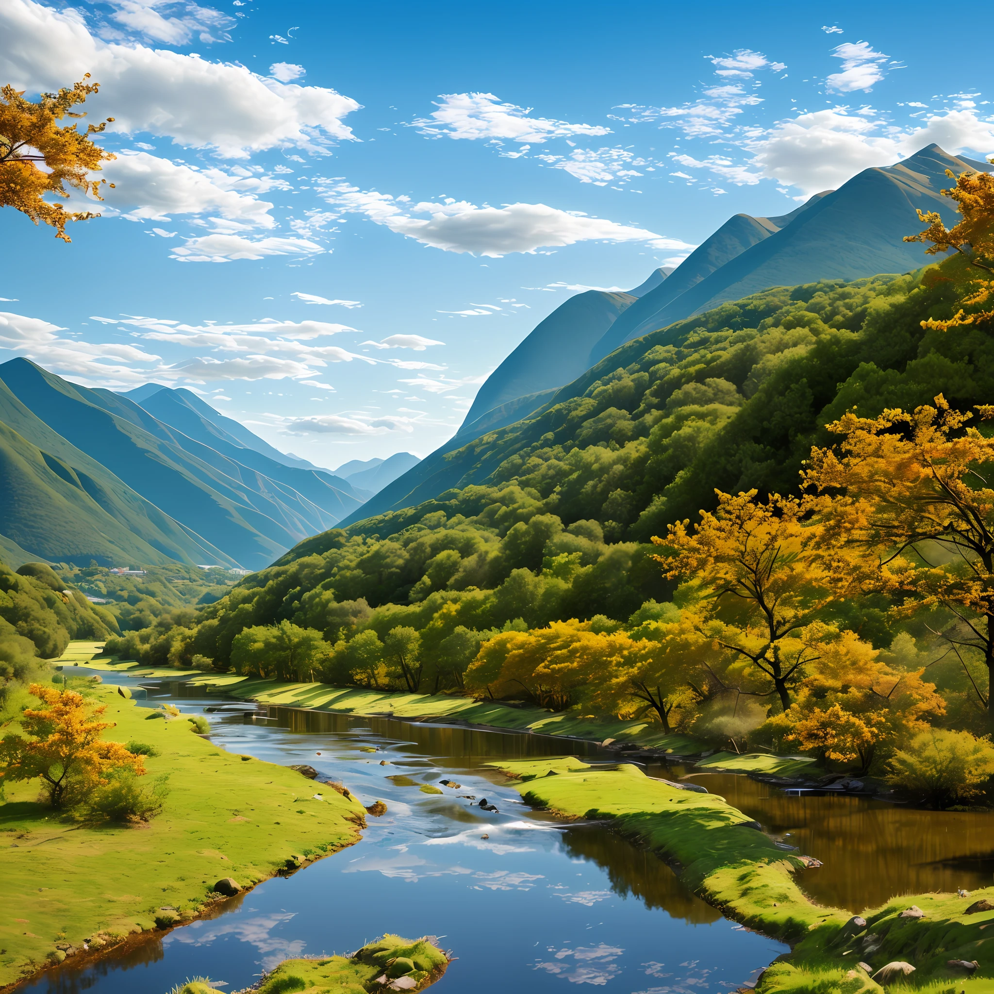Small river, surrounded by mountains, grass, peach blossom forest highlighted, blue sky and white clouds, surrealism, 8k, super detail --auto