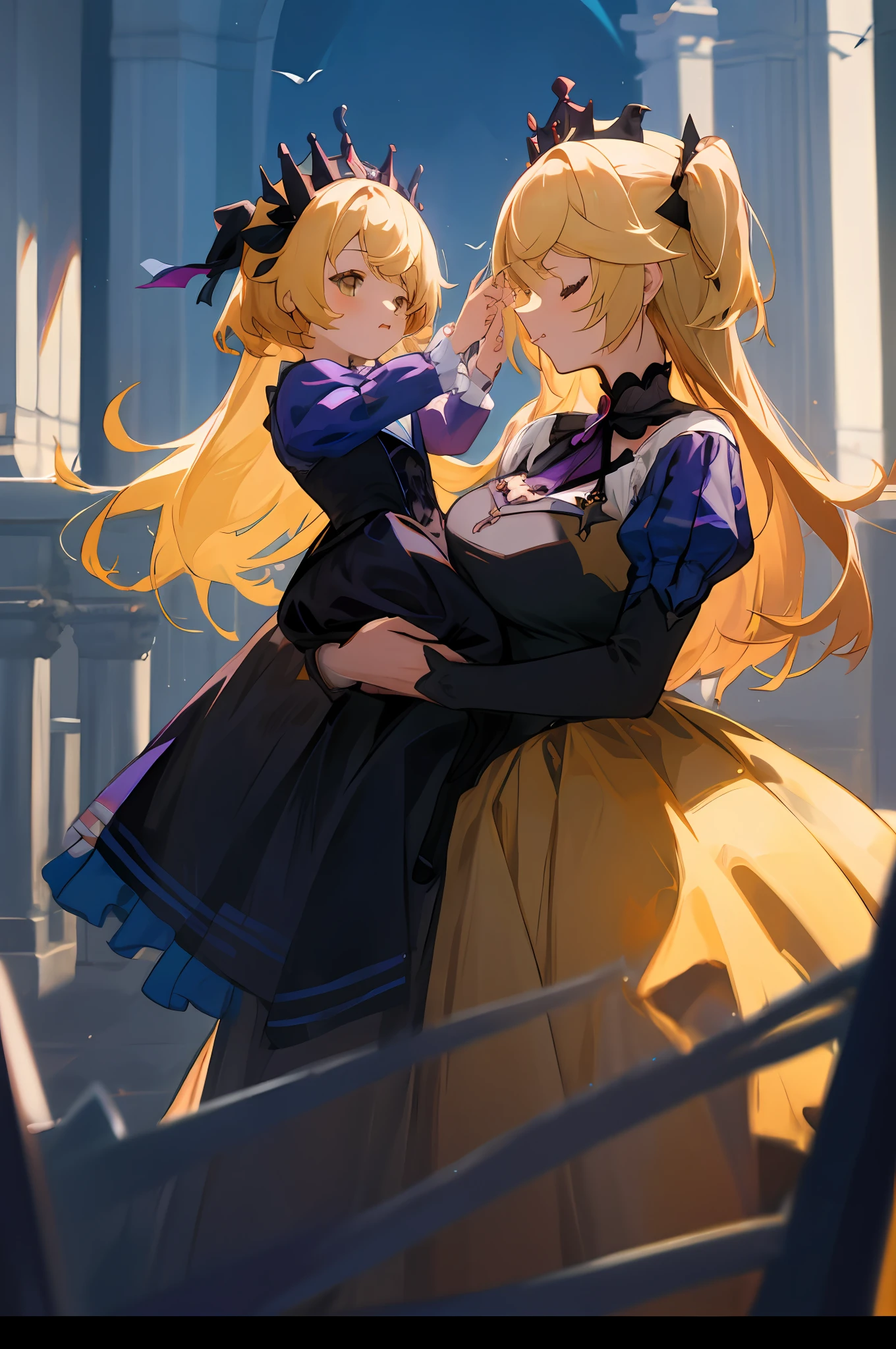 anime image of two women dressed in dress posing for a picture like princess clothing in summer, beautiful decoration on dress, palace a girl in palace, long hair, yellow haired , anime fantasy illustration, from the azur lane videogame, genshin, Royal Princess detailed art, two beautiful anime girls, mother and , symbol of maternal love, mother and childh as photos of mother and child, Embsed, royal castle, His pet crow named Oz is flying