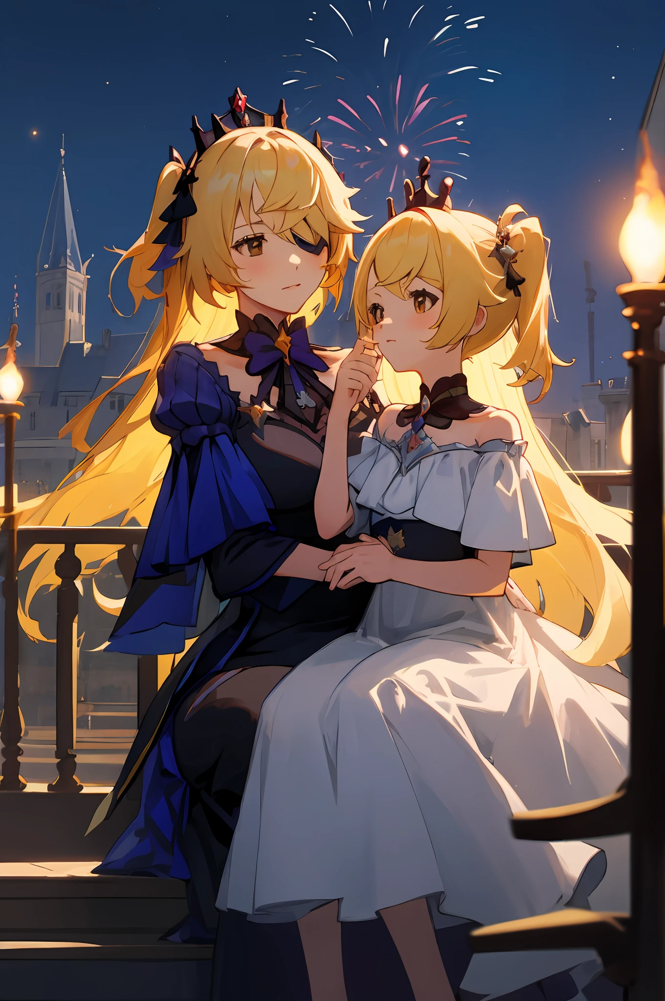 anime image of two women dressed in dress posing for a picture like princess clothing in summer, beautiful decoration on dress, palace a girl in palace, long hair, yellow haired , anime fantasy illustration, from the azur lane videogame, genshin, Royal Princess detailed art, two beautiful anime girls, mother and child, symbol of maternal love, mother and child, such as photos of mother and child, Embarrassed, royal castle, sitting in the palace, night, fireworks