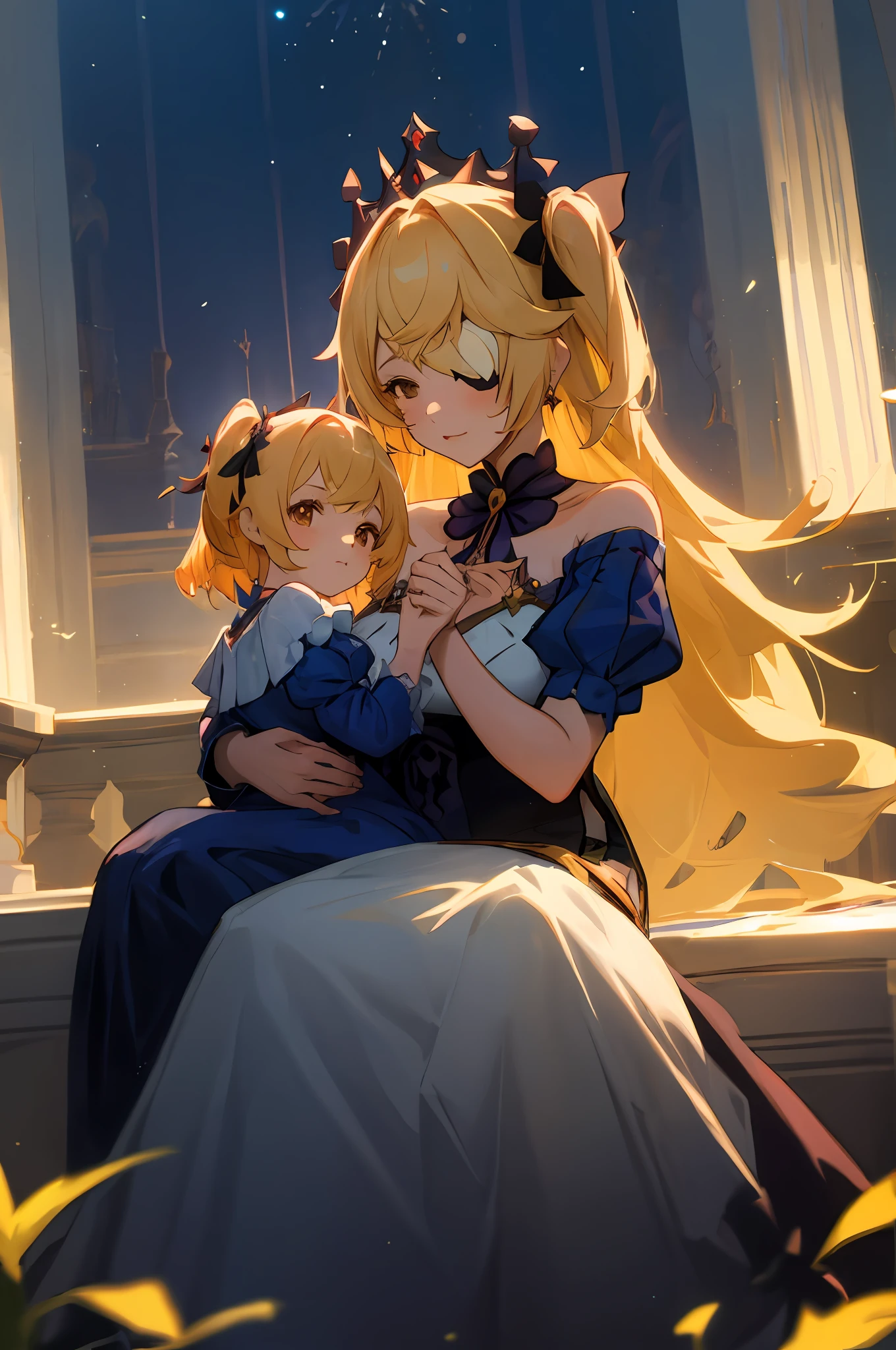 anime image of two women dressed in dress posing for a picture like princess clothing in summer, beautiful decoration on dress, palace a girl in palace, long hair, yellow haired , anime fantasy illustration, from the azur lane videogame, genshin, Royal Princess detailed art, two beautiful anime girls, mother and child, symbol of maternal love, mother and child, such as photos of mother and child, Embarrassed, royal castle, sitting in the palace, night, fireworks