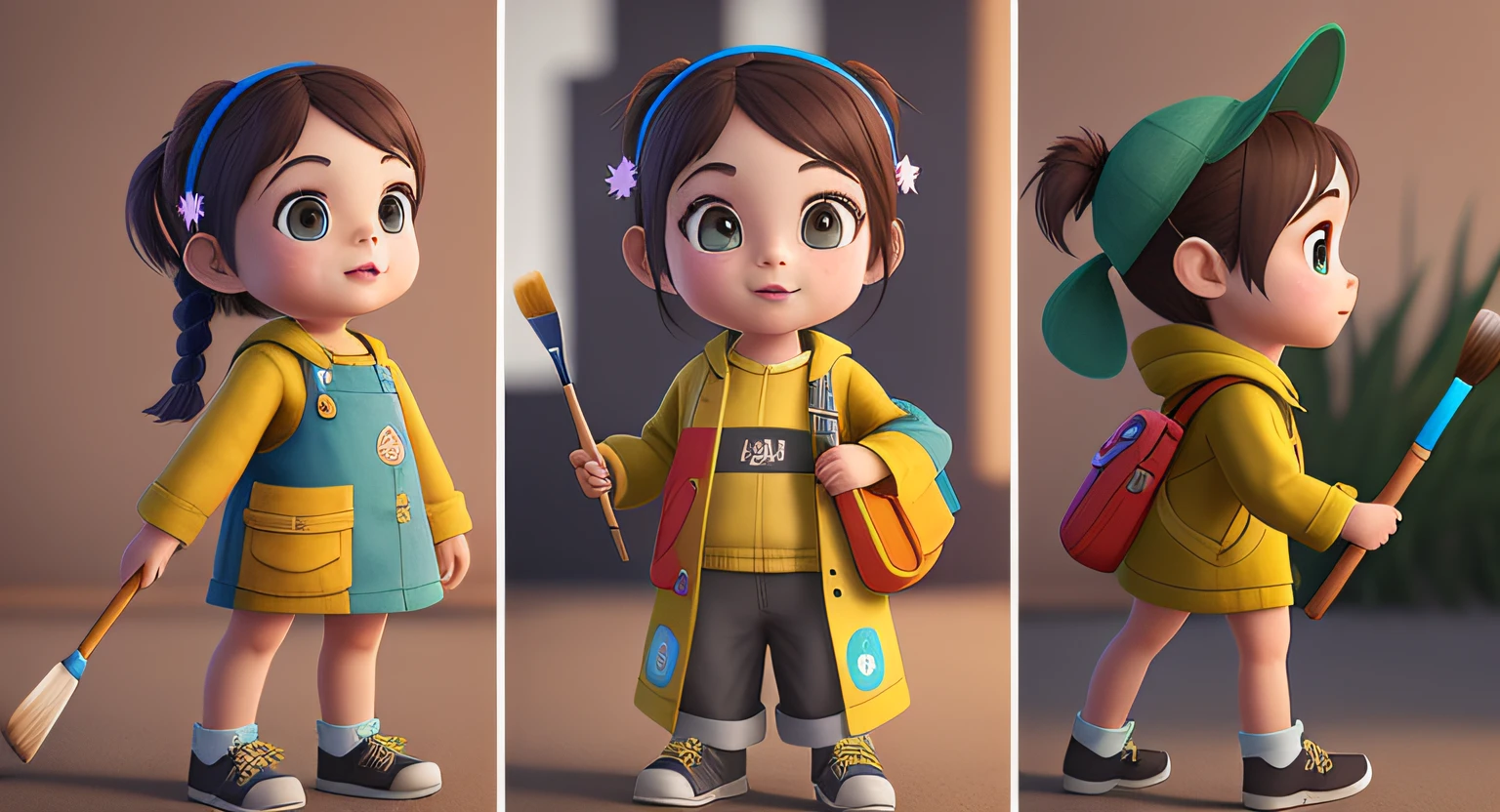 There are three pictures of little girl with brushes, children's art in Artstation, cute digital painting, cute 3D rendering, 3D hyper detail, small characters. Unreal Engine 5, 3D character art, 3D rendered character art 8 K, for hiring 3D artists, 3D characters, cute digital art, no hats