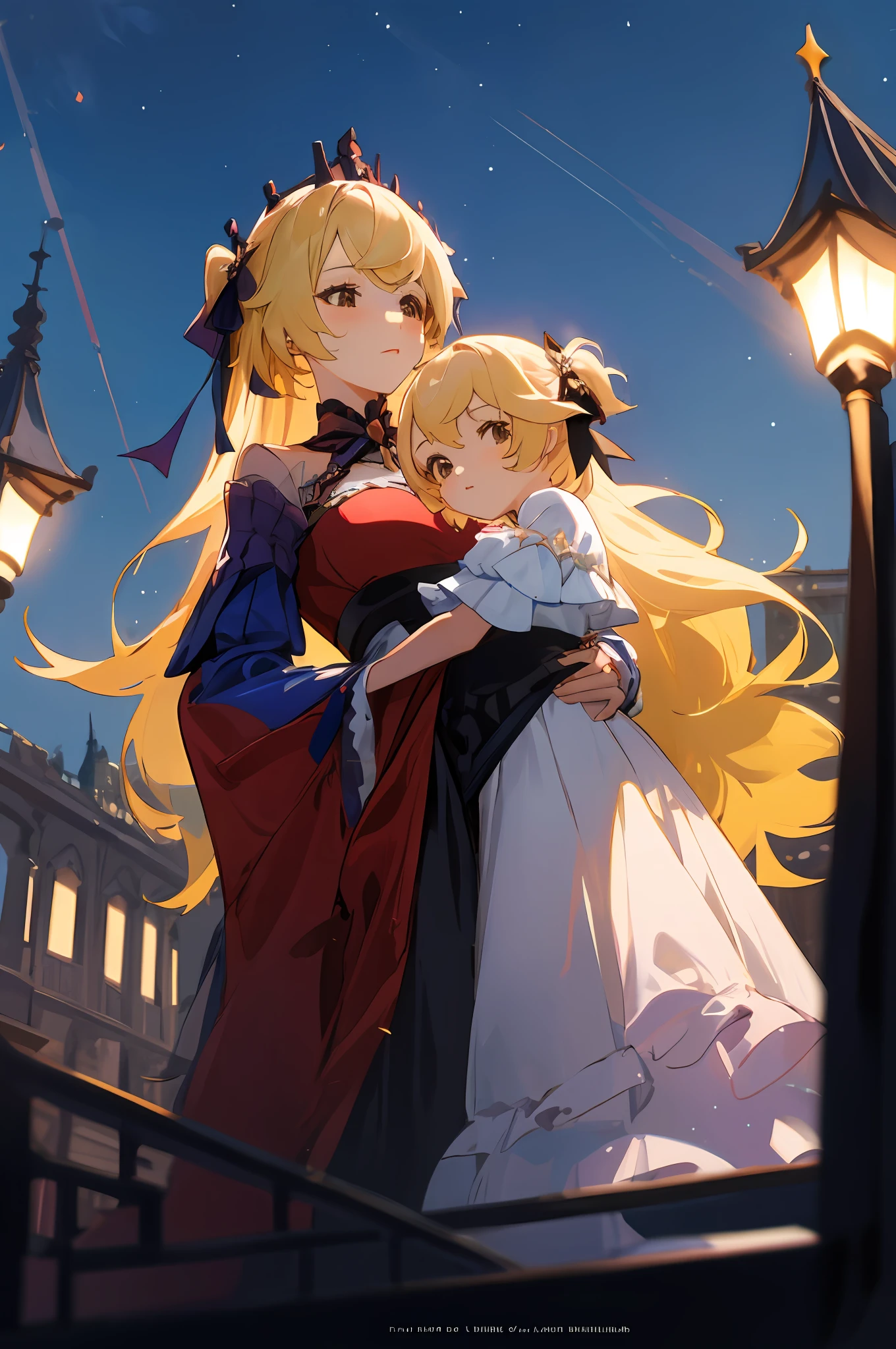 anime image of two women dressed in dress posing for a picture like princess clothing in summer, beautiful decoration on dress, palace a girl in palace, long hair, yellow haired , anime fantasy illustration, from the azur lane videogame, genshin, Royal Princess detailed art, two beautiful anime girls, mother and child, symbol of maternal love, mother and child, such as photos of mother and child, Embarrassed, royal castle, sitting in the palace, night, fireworks, from below