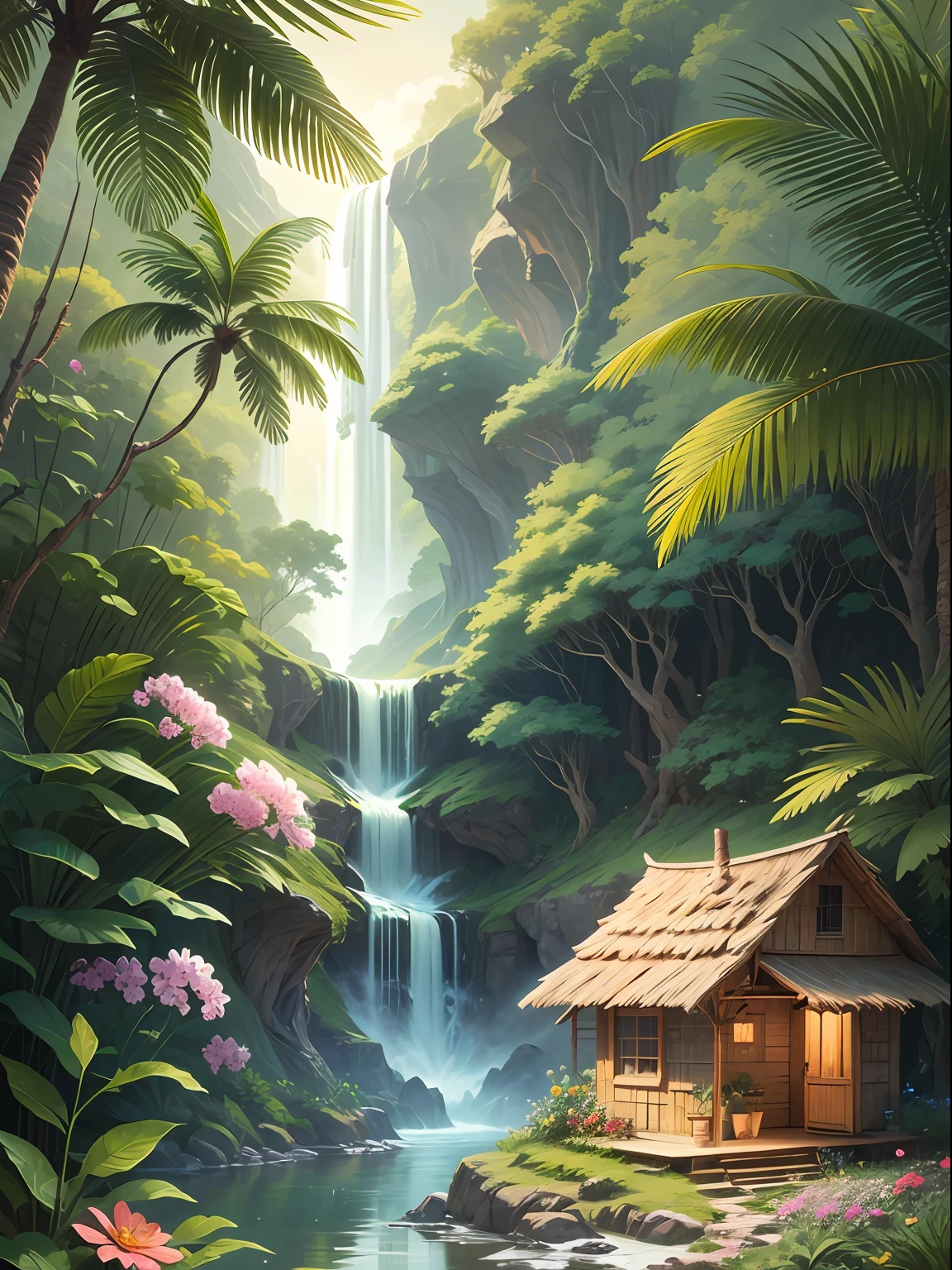 jungle, waterfall, surrounded with wild flowers. a tiny hut with a person standing on its porch, viewed from afar. masterpiece, best quality, high detailed
