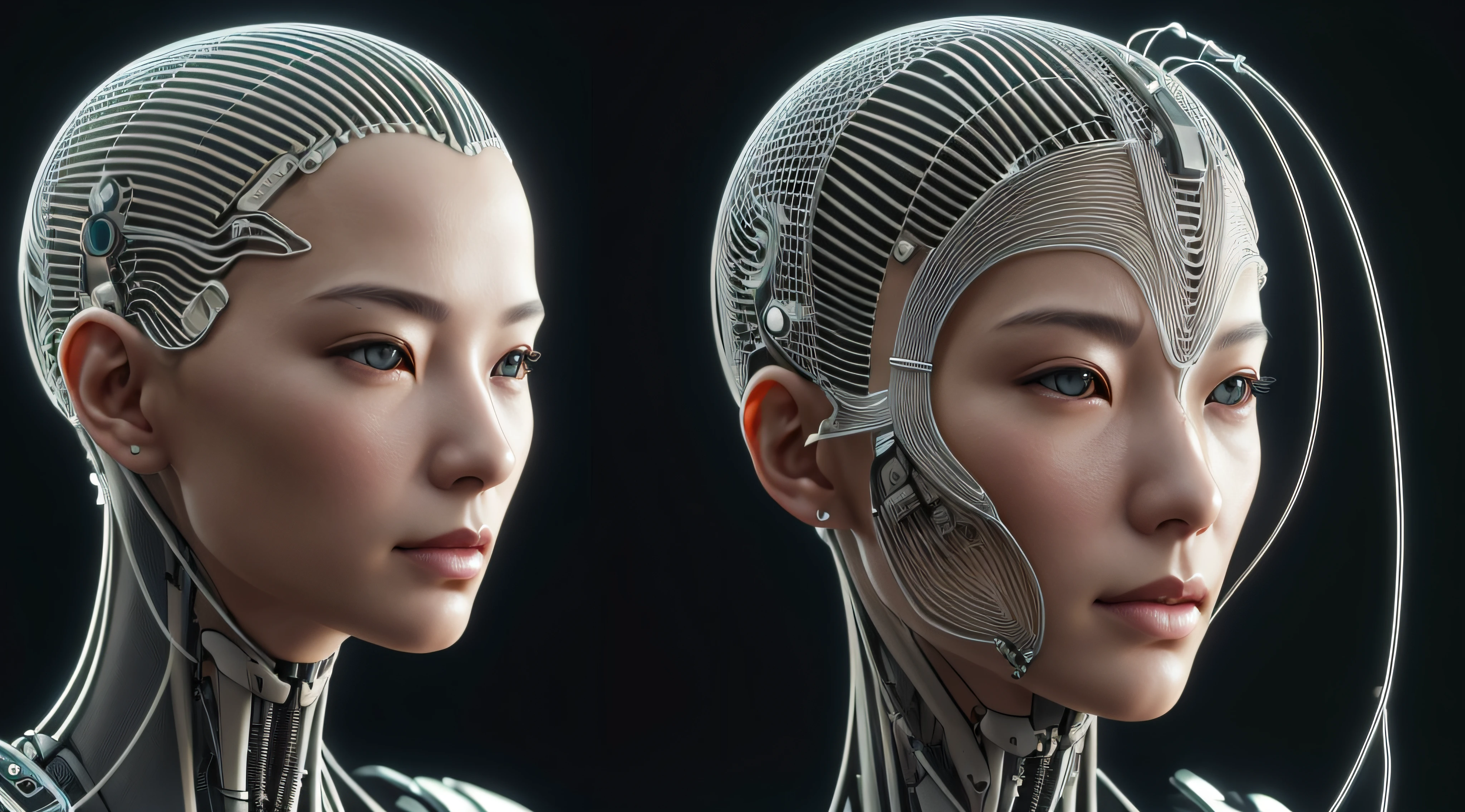 Character Sheet, complex 3d render ultra detailed of a beautiful porcelain profile japan woman android face, cyborg, robotic parts, beautiful studio soft light, rim light, vibrant details, luxurious cyberpunk, lace, hyper realistic, anatomical, facial muscles, cable electric wires, microchip, elegant, beautiful background, octane render, H.R. Giger style, --auto