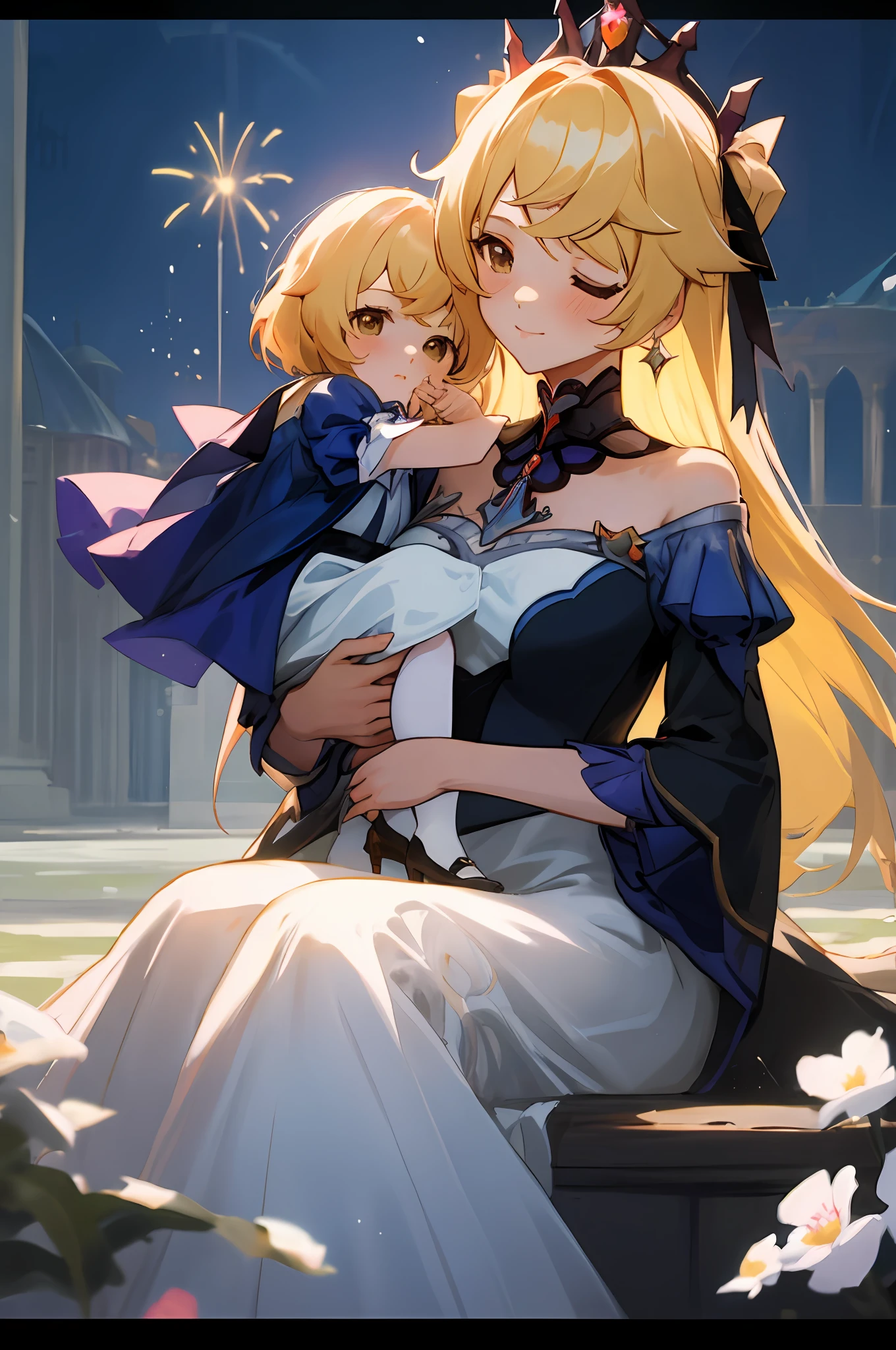 anime image of two women dressed in dress posing for a picture like princess clothing in summer, beautiful decoration on dress, palace a girl in palace, long hair, yellow haired , anime fantasy illustration, from the azur lane videogame, genshin, Royal Princess detailed art, two beautiful anime girls, mother and child, symbol of maternal love, mother and child, such as photos of mother and child, Embarrassed, royal castle, sitting in the palace, night, fireworks