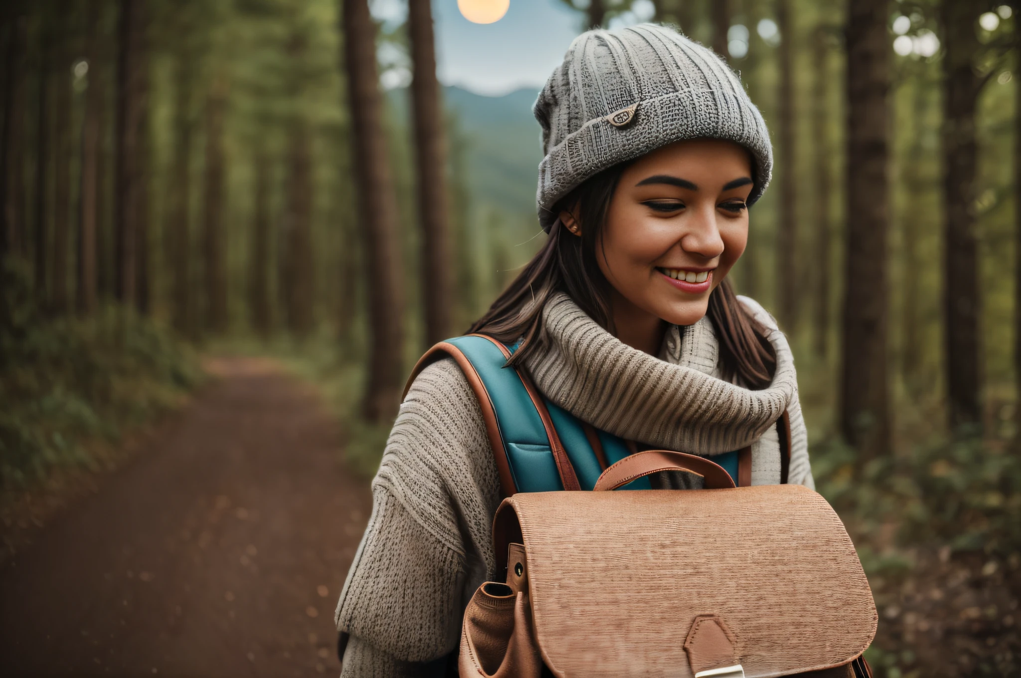 solo european american woman (( happy)), masterpiece, best quality, ultra detailed, solo, outdoor, mountain, nature, (stars, moon) cheerful, happy, backpack, water bottle, mountain boots, gloves, sweater, hat, flashlight, forest, rocks, river, wood, smoke, shadow, contrast, clear sky, realistic style (skin texture) (film grain: 1.3), (warm tones, warm tones) :1.2), close up, cinematic light, side light, super high resolution, best shadow, raw, kodak vision 3,