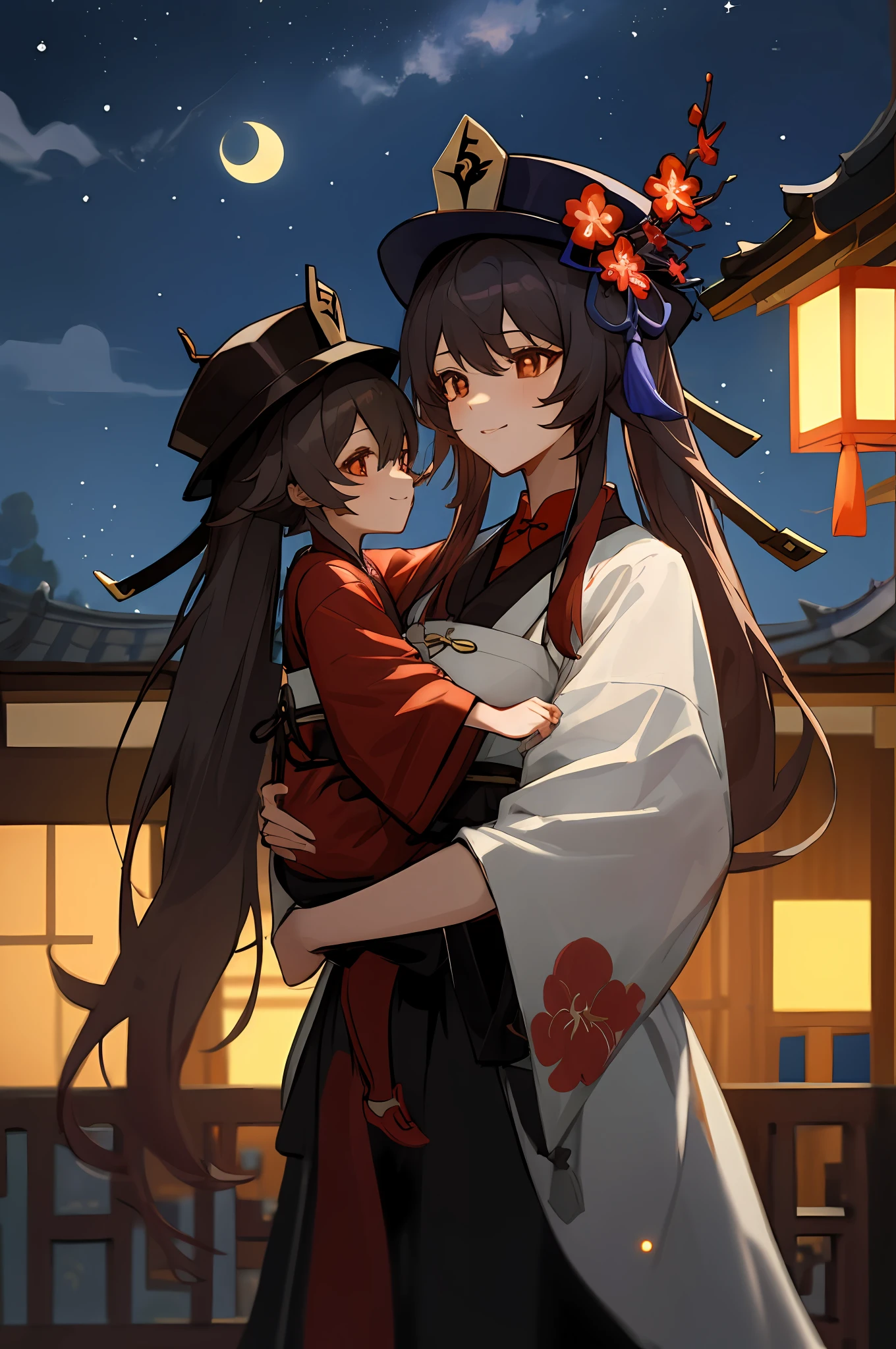 anime image of two women dressed in traditional china clothing in a night full of stars, palace a girl in hanfu, wlop and sakimichan, hat hu tao, long hair, Twintail, black haired deity, characters from azur lane, anime fantasy illustration, from the azur lane videogame, genshin, artwork in the style of guweiz, hu tao detailed art, two beautiful anime girls, mother and child, symbol of maternal love, mother and child, such as photos of mother and child, mischievous smile, starry night background , mother and son playing in traditional chinese house, Lanterns