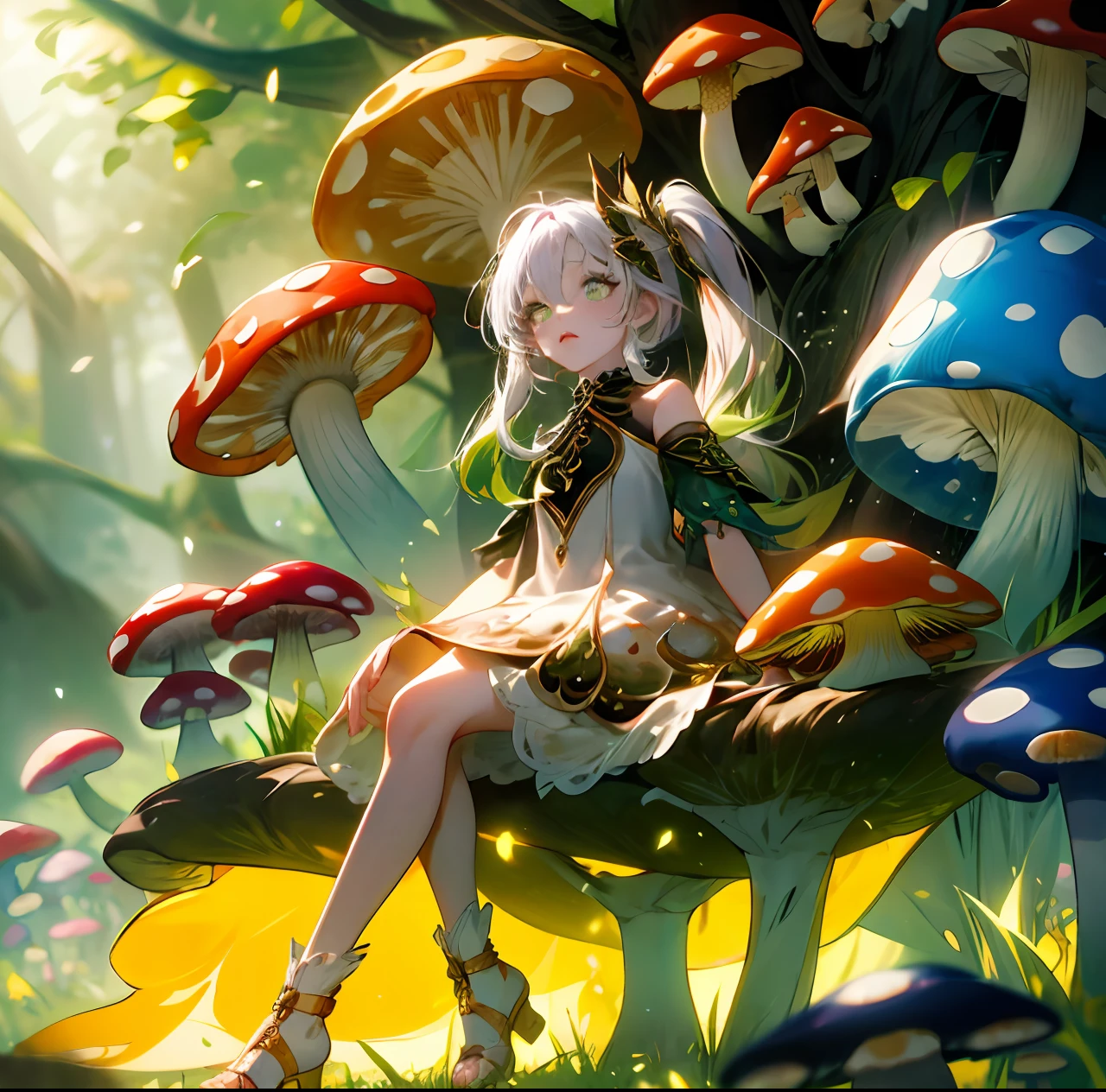 Natural light, hazy, (color: 1.1), (masterpiece: 1,2), best quality, masterpiece, high definition, original, extremely detailed wallpaper, 1 girl, solo, toddler girl, light gray long hair, white dress with gold embroidery, golden orange elements, glow, flowing hair, full body, sitting on mushrooms, cocked legs, holding mushrooms, magical fantasy forest, glowing flowers and mushrooms, sunny day, (sunny light), light, dynamic lighting, film shooting