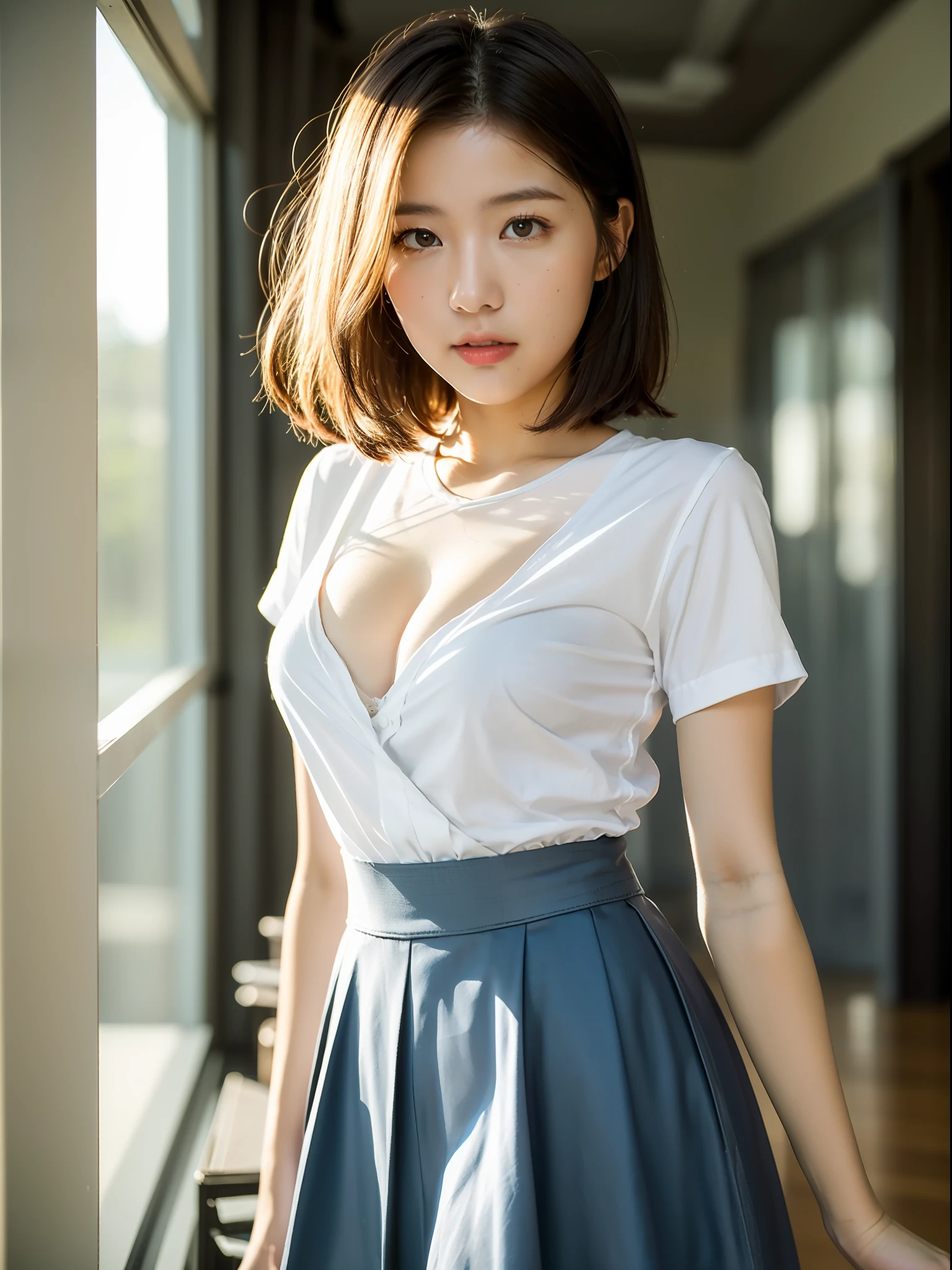 ((Best quality, 8k, Masterpiece: 1.3, raw photo)), Sharp focus: 1.2, (1 aespa girl: 1.2), (realistic, photo-realistic:1.37), (face focus: 1.1), cute face, kindness, small breasts, flat chest, short messy hair, standing, white shirt, she is rolling up her skirt, showing white panties, classroom, sunlight, cinematic lighting