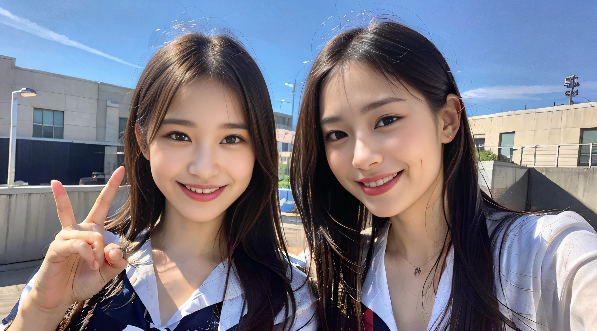 (8k, RAW photos, top quality, masterpiece: 1.2), ultra detail, super resolution, (realistic, actual photos: 1.37), (photorealistic: 1.6), eating lunch on the roof of the school. , Fantastic scenery, cute lunch box, Gakko rooftop, lunch break, fashionable school, futuristic city, school of the future, future world, fantastic world, new world, high resolution RAW color photo, professional photo, very detailed and beautiful, (pointing at the camera), real light (with both hands wide open and palm facing us), smile so much that you can see your teeth, beautiful scenery mixed with light, Very detailed sailor suit, amazingly cute female proofreading, amazing cute smile, transcendent cute face, amazing details, red scarf, very detailed beautiful girls, different pattern face, one is a ponytail, modern cute schoolgirl, very detailed face very detailed eyes, very realistic skin, very detailed fingers, very detailed nose, very detailed mouth, perfect anatomy, Highly detailed sailor suit, highly detailed background,after school,。 full of smiles, long straight hair, (dull bangs: 1.2), Celebrity level cuteness, high school girl youth (pink eye shadow)