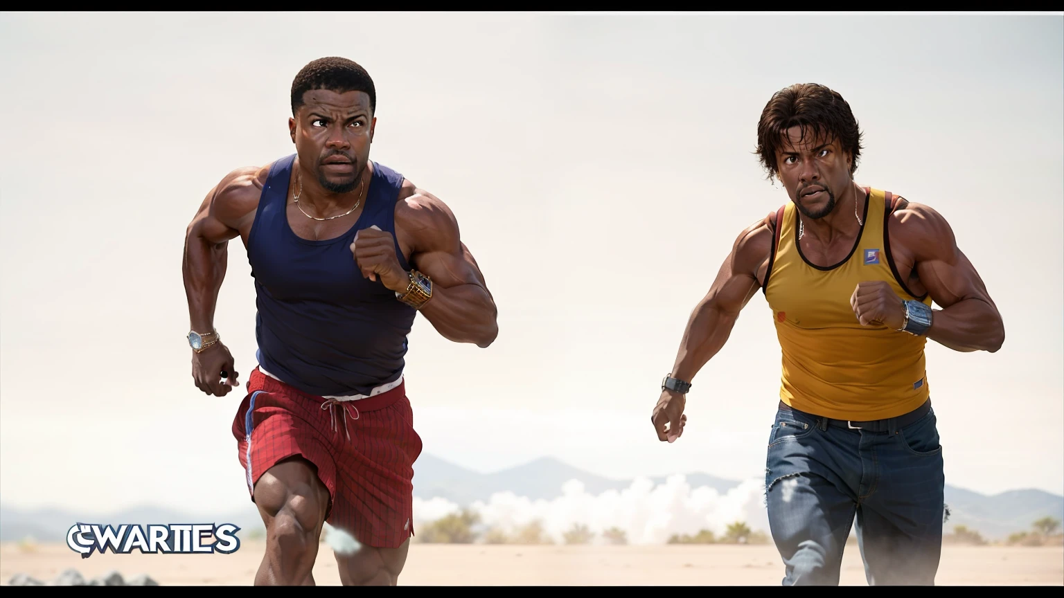 restore faces of Carl Weathers and Sylvester Stallone in this photo, restore photo with muscle details, ultra realistic style, two men, Carl Weathers and Sylvertes Stallone, blue sky background, restore to look realistic, blue sky background, inspired by the movie Rocky III, from the year 1983, beautiful finish, realistic details, faces of Carl Weathers with expression of effort and looking forward,  and Sylvester Stallone expression of effort and looking forward, realistic eyes, brown eyes, expression of effort, maintain colors and styles of clothes