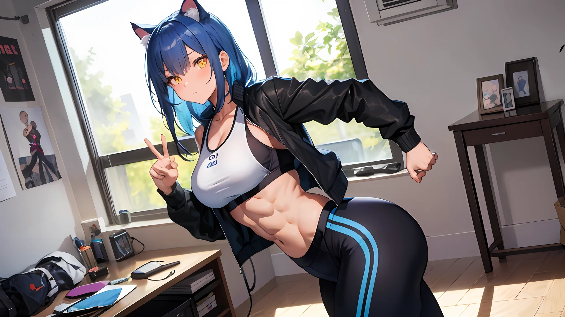 Masterpiece,best quality,high resolution,30 year old woman,blue hair,tied hair,beautiful face,yellow eyes,bright eyes,cat ears,perfect body,athletic body,milf,bodybuilder pose, small breasts, thick thighs,big ass,round buttocks,bodybuilder,jacket on top,sports bra, leggings,standing,expression of pleasure, inside the room