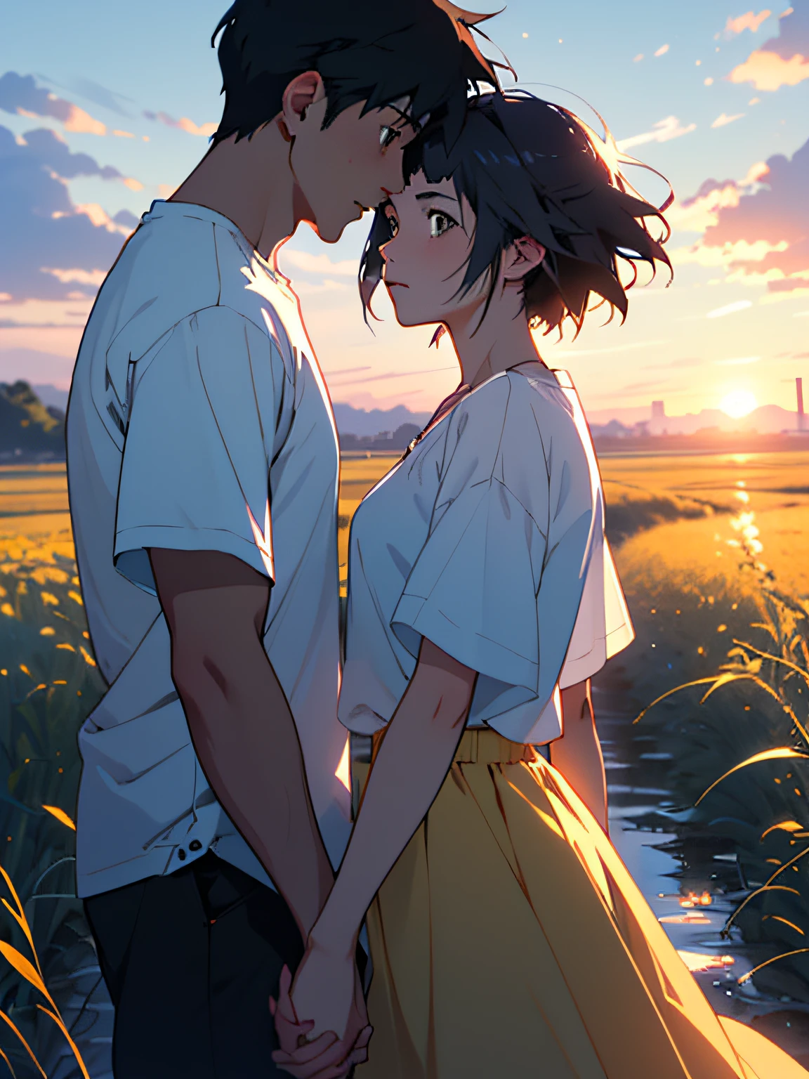 Anime couple walking in the field, (boy + girl), watery big eyes, (delicate and beautiful facial features), is the ultimate gentle beauty, the romantic atmosphere is very strong, the two (hand in hand) walking head-on, (from far and near), (facing the audience), (character shot close-up)), the boy looks at the girl affectionately and tenderly, ((behind is a beautiful sunset)), (girl white shirt with red skirt), (boy white T-shirt with black pants), exquisite clothing, beautiful, delicate, beautiful, Charming and moving, girl hair coiled behind her head, (coiled hair), messy bangs, big watery eyes, light brown eyes, fields dominated by (((amber)) and golden yellow, official art, guweiz and Makoto Shinkai, by Hiroshi Yamagata, Sakimichan and Makoto Shinkai, by Nobuta Yanagawa, style in Ghibli animation style, fiona staples and Makoto Shinkai, style by Makoto Shinkai, masterpiece, master painting, HD, 8K resolution