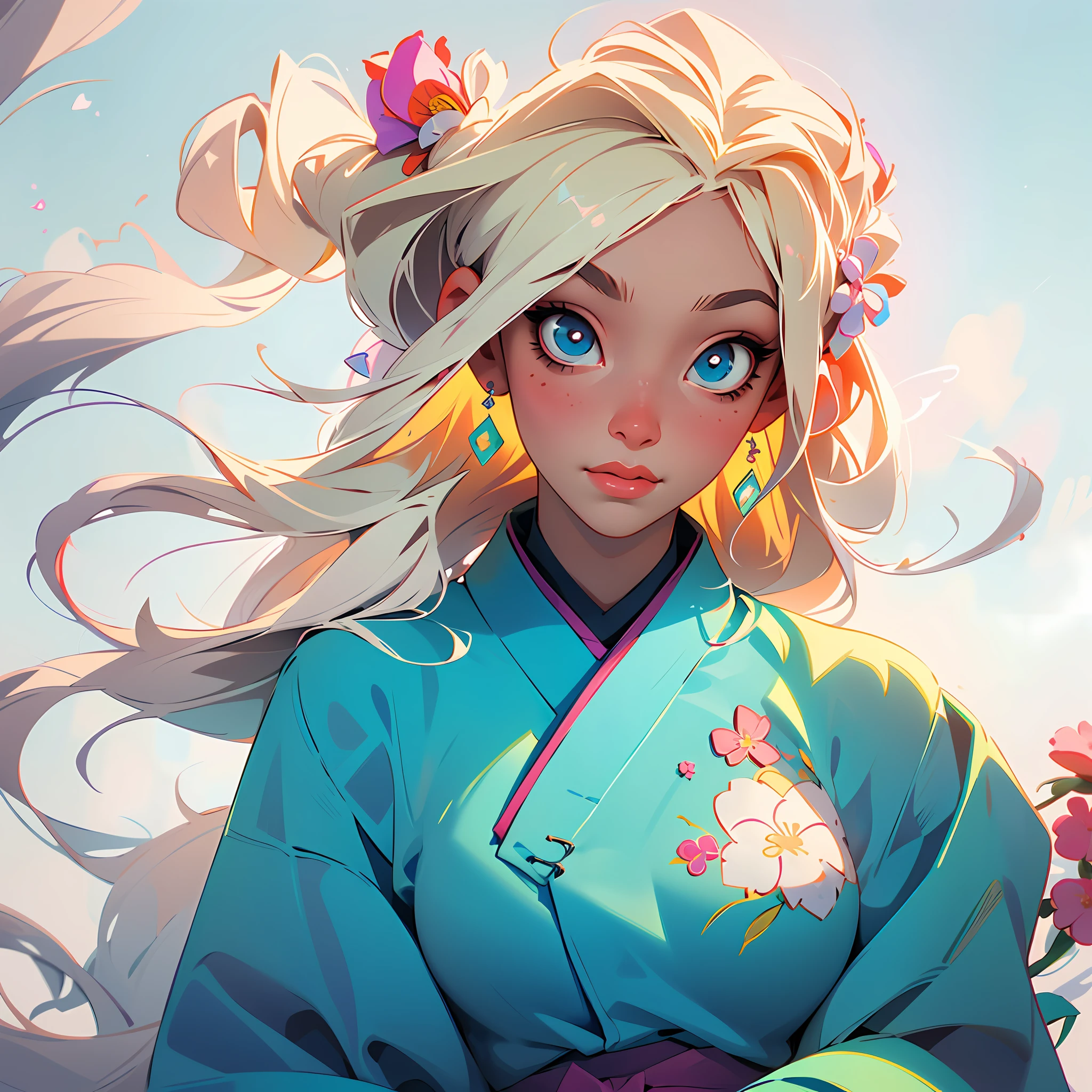 There is a woman in kimono with flowers in her hair, palace, girl in hanfu, art in guviz style, white hanfu, guviz, trends on cgstation, hanfu, beautiful digital artwork, flowing hair and robes, ross tran 8 k, traditional beauty, chinese girl, digital art on pixiv, pixiv contest winner, zerochan art, trends on artstation pixiv, anime goddess, pixiv, long hair blonde anime girl, pixiv style, beautiful anime artwork, highest rated on pixiv, loli, pixiv, beautiful anime art, perfect masterpiece, highest picture quality, perfect picture quality, 8K, upper body lens, delicate face, face close-up, strange luminous transparent eyes, magic transparent eyes, star eyes, holographic phantom background, digital art, flat illustration, color illustration, fine style,