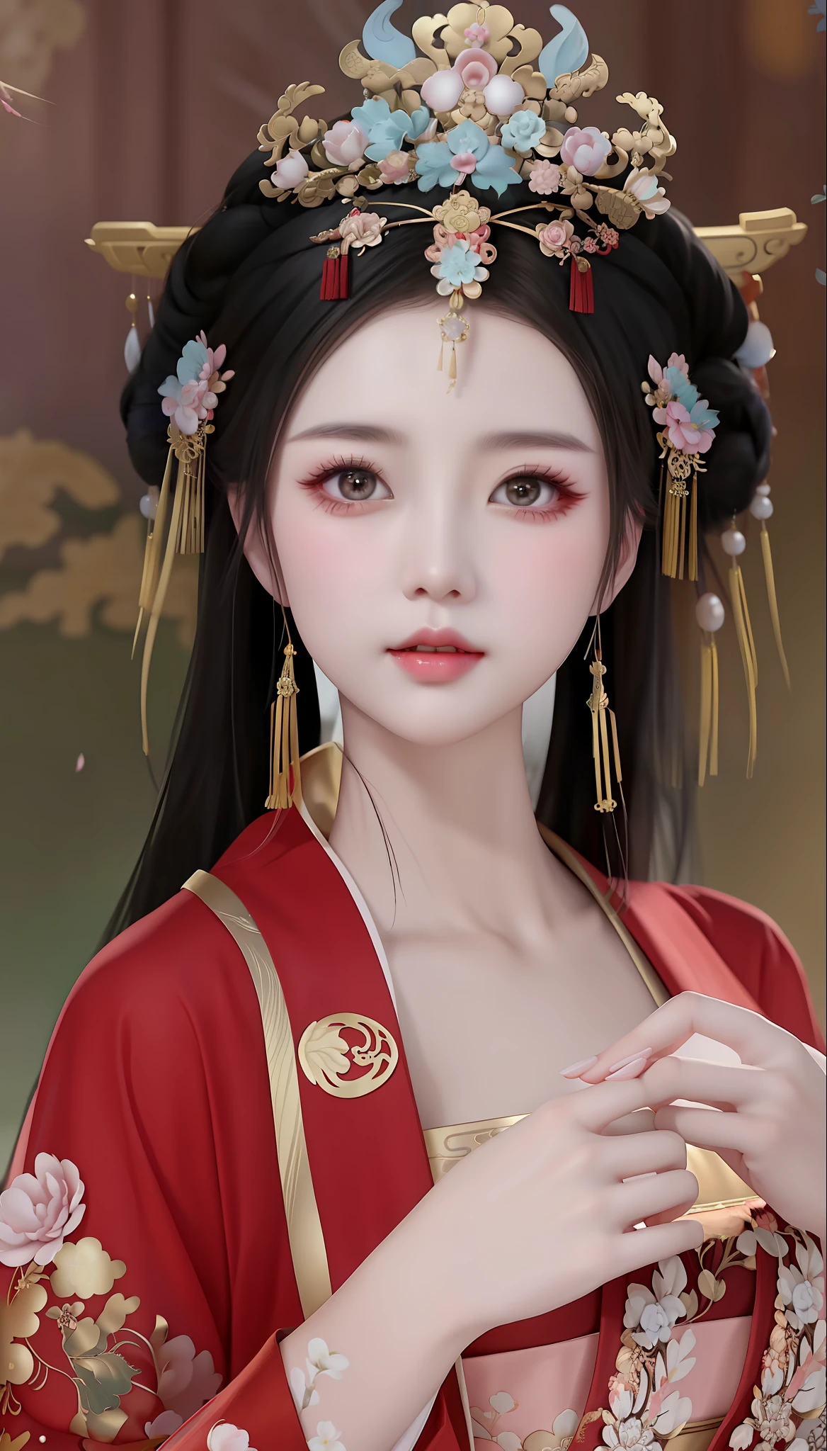 arafed woman in a red kimono with a flower crown, a beautiful fantasy empress, chinese princess, palace ， a girl in hanfu, ancient chinese princess, traditional beauty, portrait of a beautiful goddess, ancient chinese beauties, ((a beautiful fantasy empress)), inspired by Lan Ying, beautiful oriental woman, inspired by Du Qiong, beautiful goddess, chinese girl