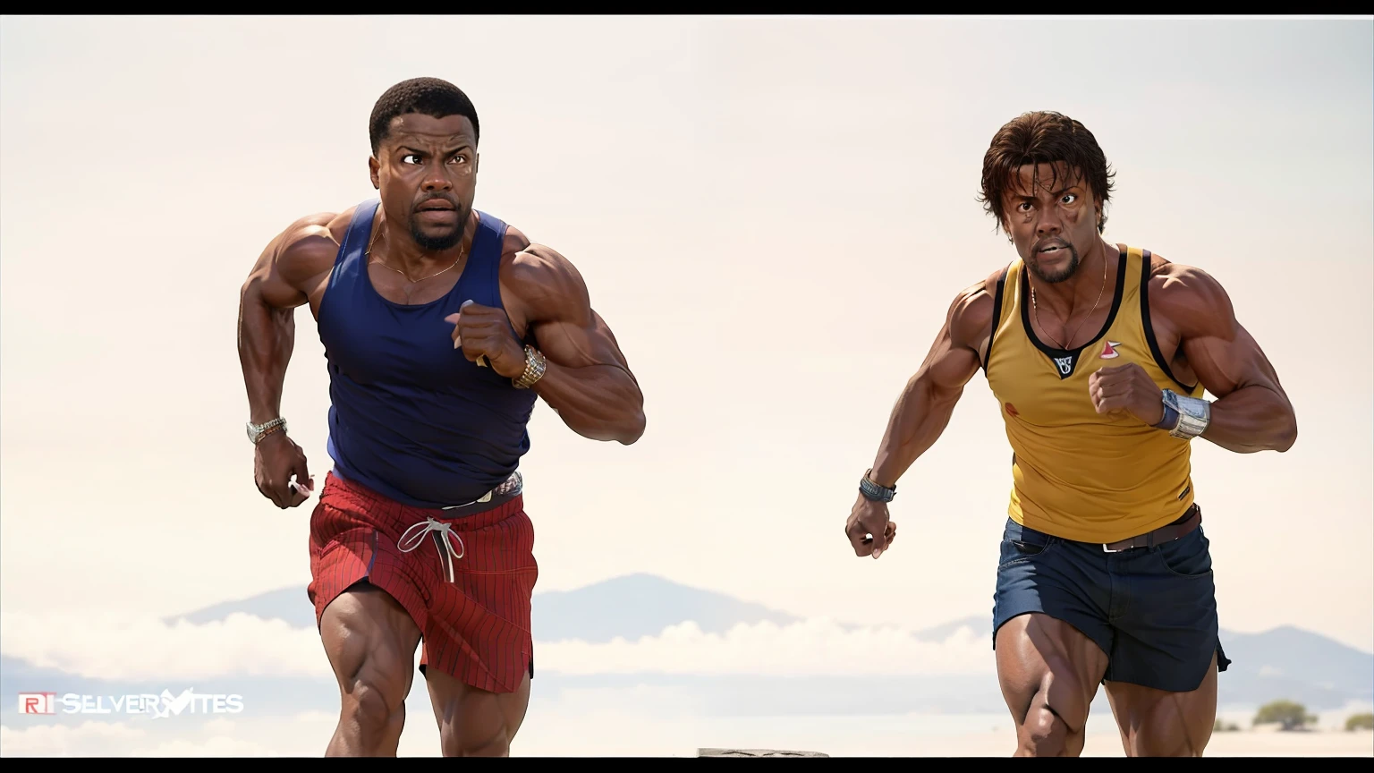 restore faces of Carl Weathers and Sylvester Stallone in this photo, restore photo with muscle details, ultra realistic style, two men, Carl Weathers and Sylvertes Stallone, blue sky background, restore to look realistic, blue sky background, inspired by the movie Rocky III, from the year 1983, beautiful finish, realistic details, faces of Carl Weathers with expression of effort and looking forward, and Sylvester Stallone expression of effort and looking forward, realistic eyes, brown eyes, expression of effort, maintain colors and styles of clothes