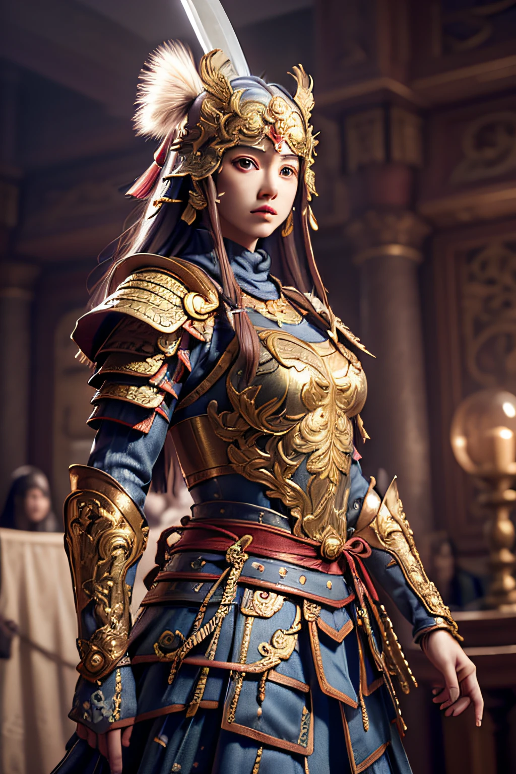 ((masterpiece))), (((best quality))), ((ultra-detailed)), (hyperrealistic), (highly detailed CG illustration), cinematic light, photorealistic ,1girl, armor, holding sword,