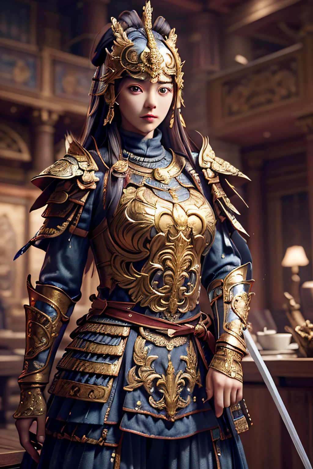 ((masterpiece))), (((best quality))), ((ultra-detailed)), (hyperrealistic), (highly detailed CG illustration), cinematic light, photorealistic ,1girl, armor, holding sword,