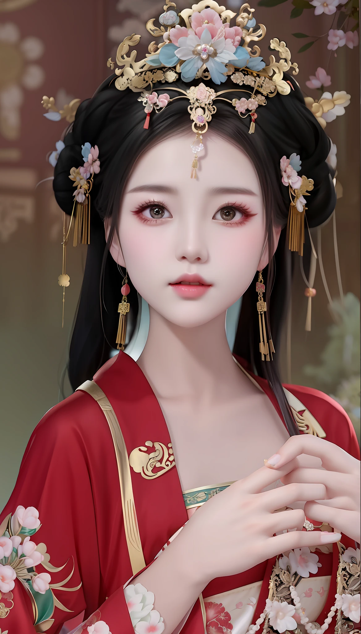 arafed woman in a red kimono with a flower crown, a beautiful fantasy empress, chinese princess, palace ， a girl in hanfu, ancient chinese princess, traditional beauty, portrait of a beautiful goddess, ancient chinese beauties, ((a beautiful fantasy empress)), inspired by Lan Ying, beautiful oriental woman, inspired by Du Qiong, beautiful goddess, chinese girl
