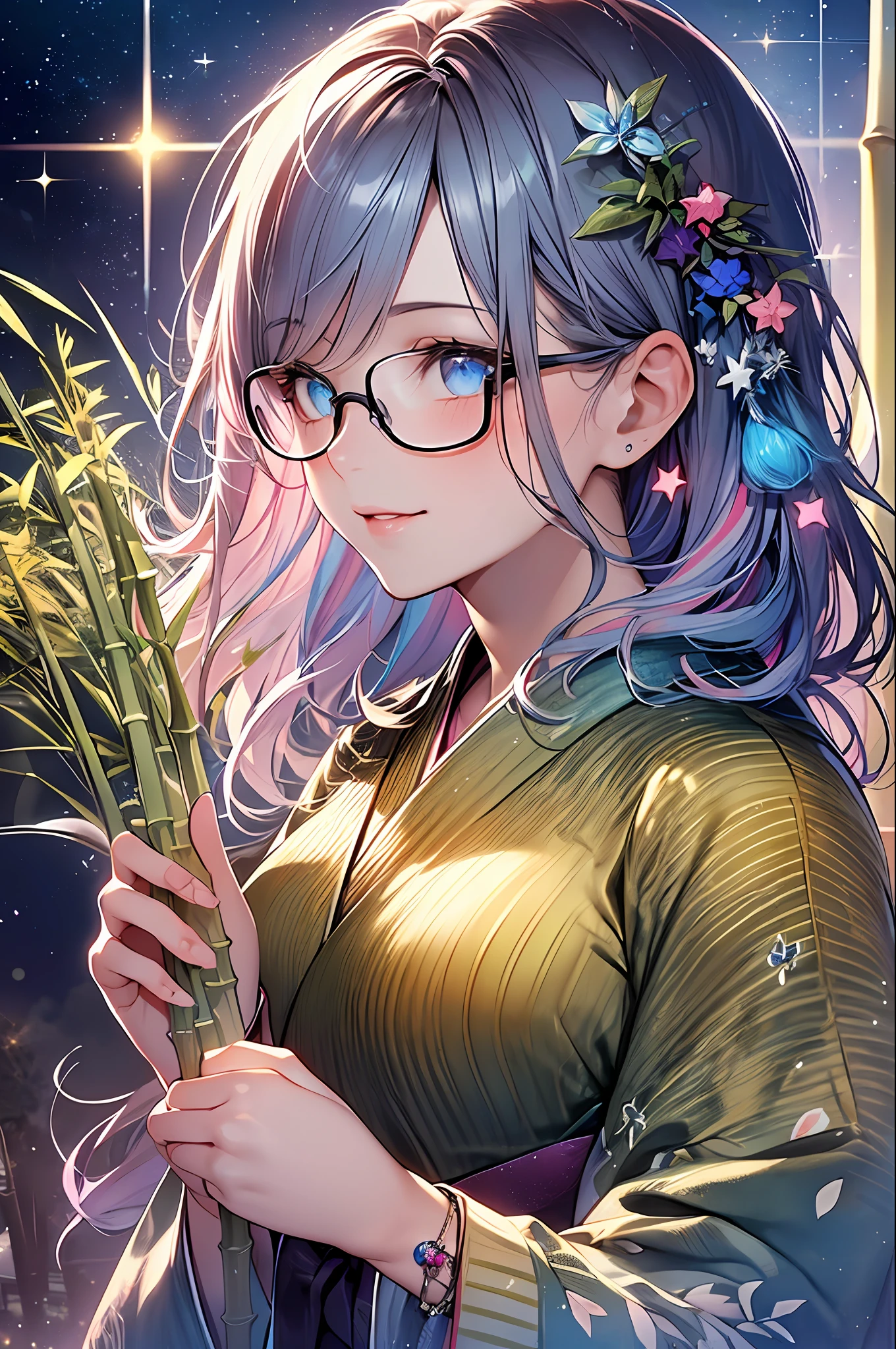 ((Masterpiece, Masterpiece, Top Quality, Watercolor, Pendant)), Official Art, Beautiful and Aesthetic: 1.2), (Golden Ratio: 1.2), (Full Body: 1.2), (Super Detail: 1.3), (1 Girl: 1.3), (Fractal Art: 1.3), (Glitter Pupil)), Pattern, (iridescent hair, colorful hair, half blue and half pink hair: 1.2)), Colorful, (glasses), Writing, (heterochromia), (Colorful: 1.5), (bare skin of a yukata)), (((Hakata Yukata)), night sky, starry sky, (((shy face)), ((hyper detail)), (delicate detail)), (complex detail), ((cinematic light, highest quality backlight)), high contrast, (best lighting, very delicate and beautiful))), ((( Cinematic Light)), (Trace Reflection, Shine), (Glowing Aura)), (Hair Shine)), ((Super Detail)), ((8K)), ((Beautiful Lips)), (Face Close-Up)), Colorful Lens Reflection, Masterpiece, Best Quality, (Realistic, Photorealistic: 1.4), (RAW Photo: 1.2), 1 Girl, (Smile: 1.5), Ponytail, ( Japan Light blue kimono: 1.5), looking up at the sky, night, outdoor, landscape, (bamboo forest: 1.3), (Milky Way: 1.3), shooting stars, full moon, skyline, starry sky, photorealistic, ((large bamboo bamboo in background))