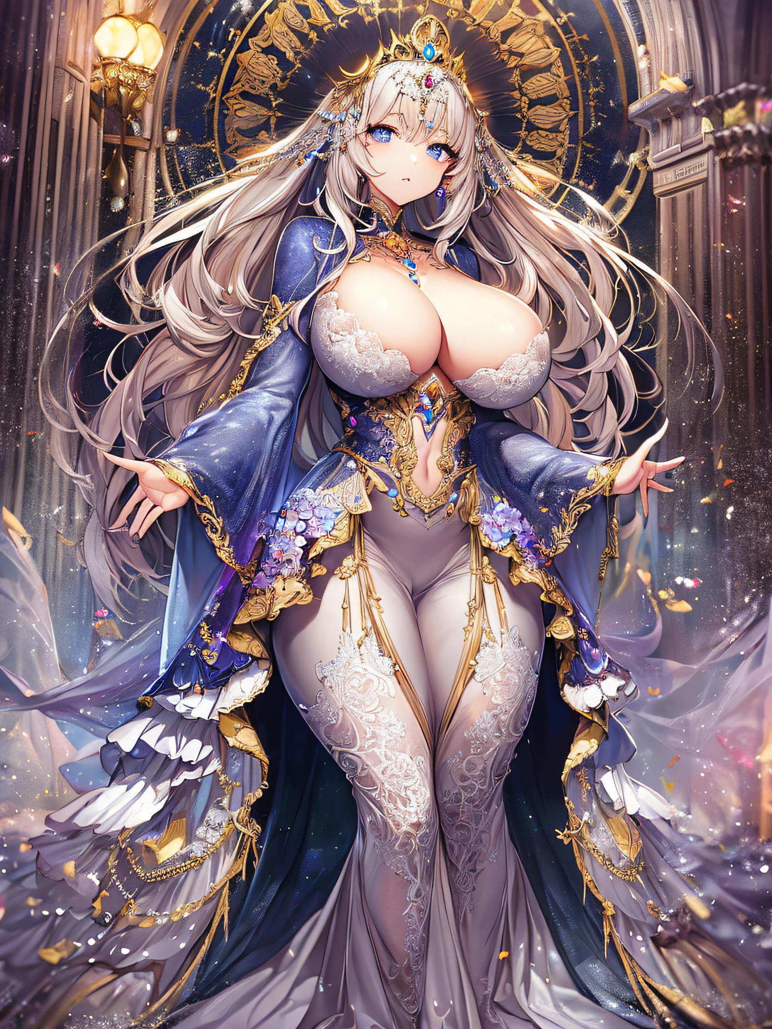 ((anime artstyle)),(Masterpiece),(Best Quality), (Super Detail),Illustration,((Very Delicate and Beautiful)),Focus on character,Dynamic Angle,Looking at viewer,((Solo)),standing,(((full body))),((one noble princess in gorgeous ball gown with voluminous skirt)),detailed face and eyes,jewel-like eyes,((Very Long voluminous Hair)),gorgeous embroidery and lace,See-through,ornate ruffles,Gorgeous jewelry ornaments,luxury hair ornament,luxury tiara with jewels,(gigantic breasts,Long breasts),full body,((gorgeous ball gown with voluminous skirt))