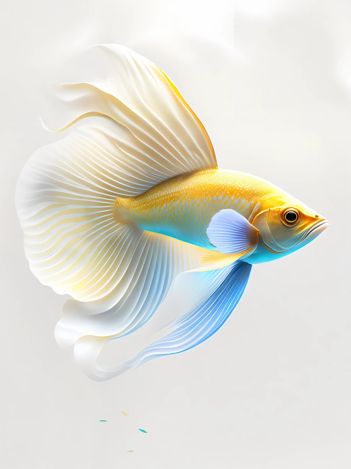 Not full picture, pure white background, there is a fish swimming in the water, betta, breathtaking details, golden feathers, beautiful gorgeous digital art, beautiful digital art