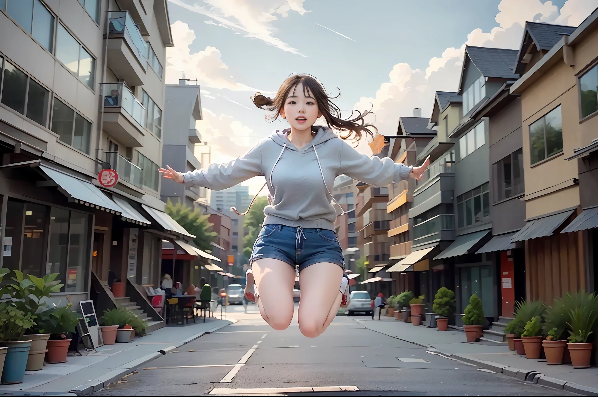 (Masterpiece), (Intricate Detail), (Photorealistic: 1.3), (Film Grain), (Perfect Anatomy), Vancouver, Canada, in front of the Gran Village, in a pose jumping towards the clouds with comfortable clothes