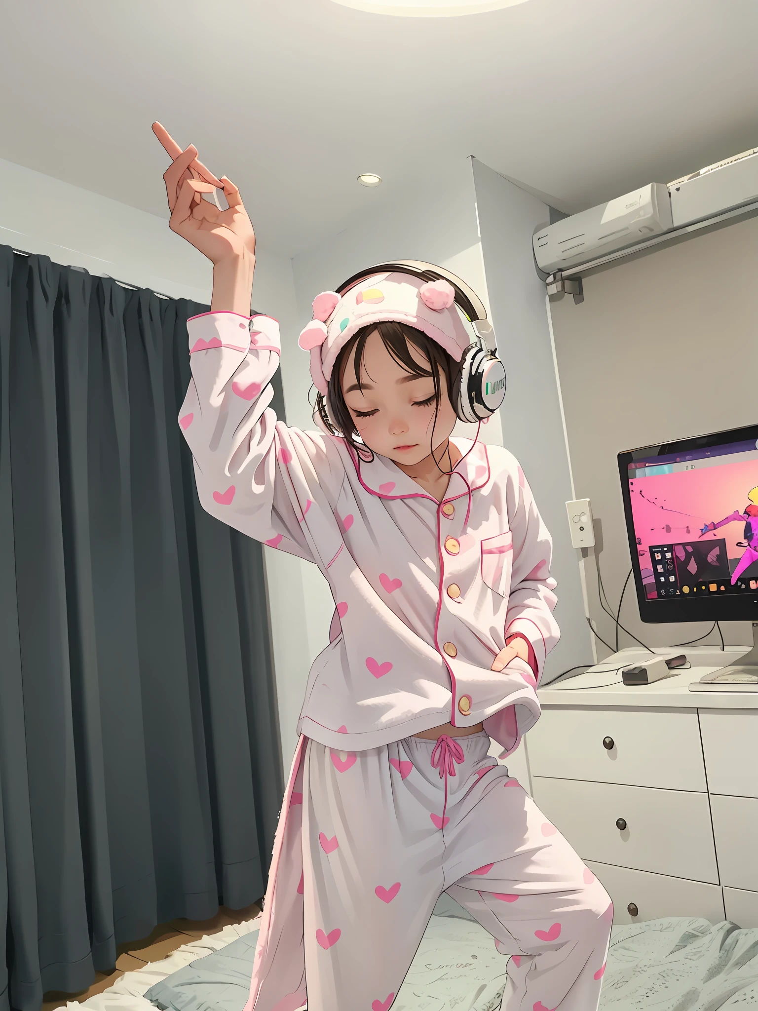 there is a  girl in a pink pajamas and headphones, wearing pajamas, listening to music at 2 am, wearing white pajamas, with head phones, she is dancing, e-girl, e - girl, wearing a baggy pajamas, with headphones, taken with sony alpha 9, vibing to music, taken with canon eos 5 d mark iv, goodnight, kid