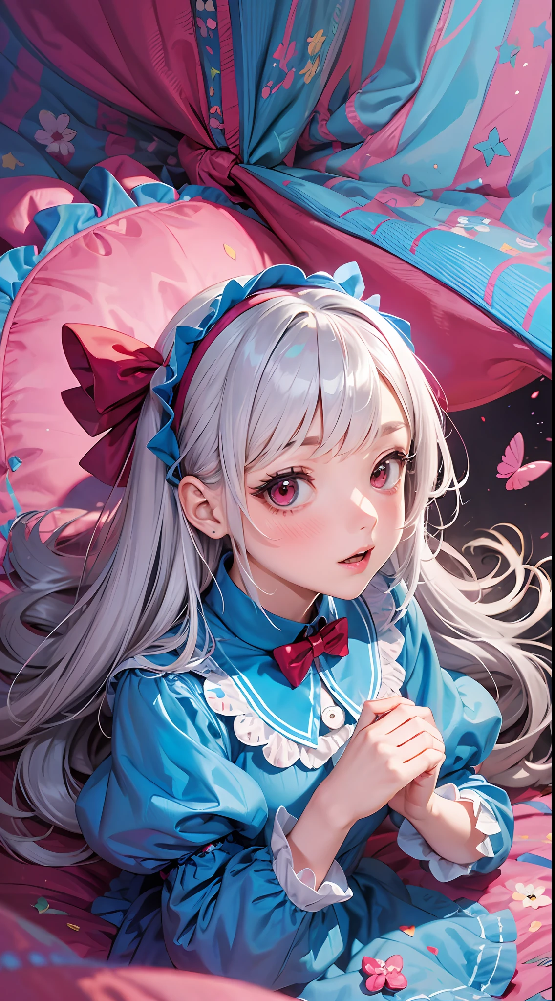 (Ultra Detailed,Ultra High Definition,Detailed Background),((2D)),((Flat Color)),((Colorful)),Alice in Wonderland,Silver Hair, Blue Dress, Red Eyes, Lying in Bed, (Pink Blush)