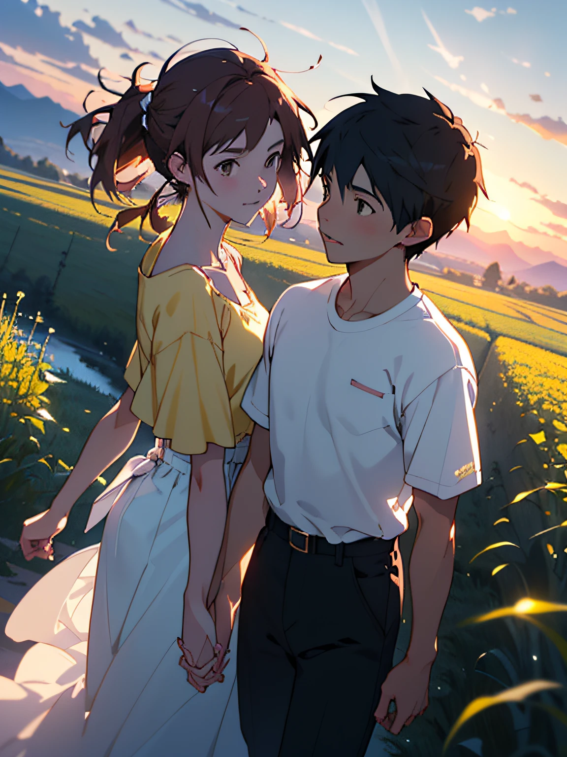 Anime couple walking in the field, (boy + girl), watery big eyes, (delicate and beautiful facial features), is the ultimate gentle beauty, the romantic atmosphere is very strong, the two (hand in hand) walking head-on, (from far and near), (facing the audience), (character shot close-up)), the boy looks at the girl affectionately and tenderly, ((behind is a beautiful sunset)), (girl white shirt with red skirt), (boy white T-shirt with black pants), exquisite clothing, beautiful, delicate, beautiful, Charming and moving, girl hair coiled behind her head, (coiled hair), messy bangs, big watery eyes, light brown eyes, fields dominated by (((amber)) and golden yellow, official art, guweiz and Makoto Shinkai, by Hiroshi Yamagata, Sakimichan and Makoto Shinkai, by Nobuta Yanagawa, style in Ghibli animation style, fiona staples and Makoto Shinkai, style by Makoto Shinkai, masterpiece, master painting, HD, 8K resolution