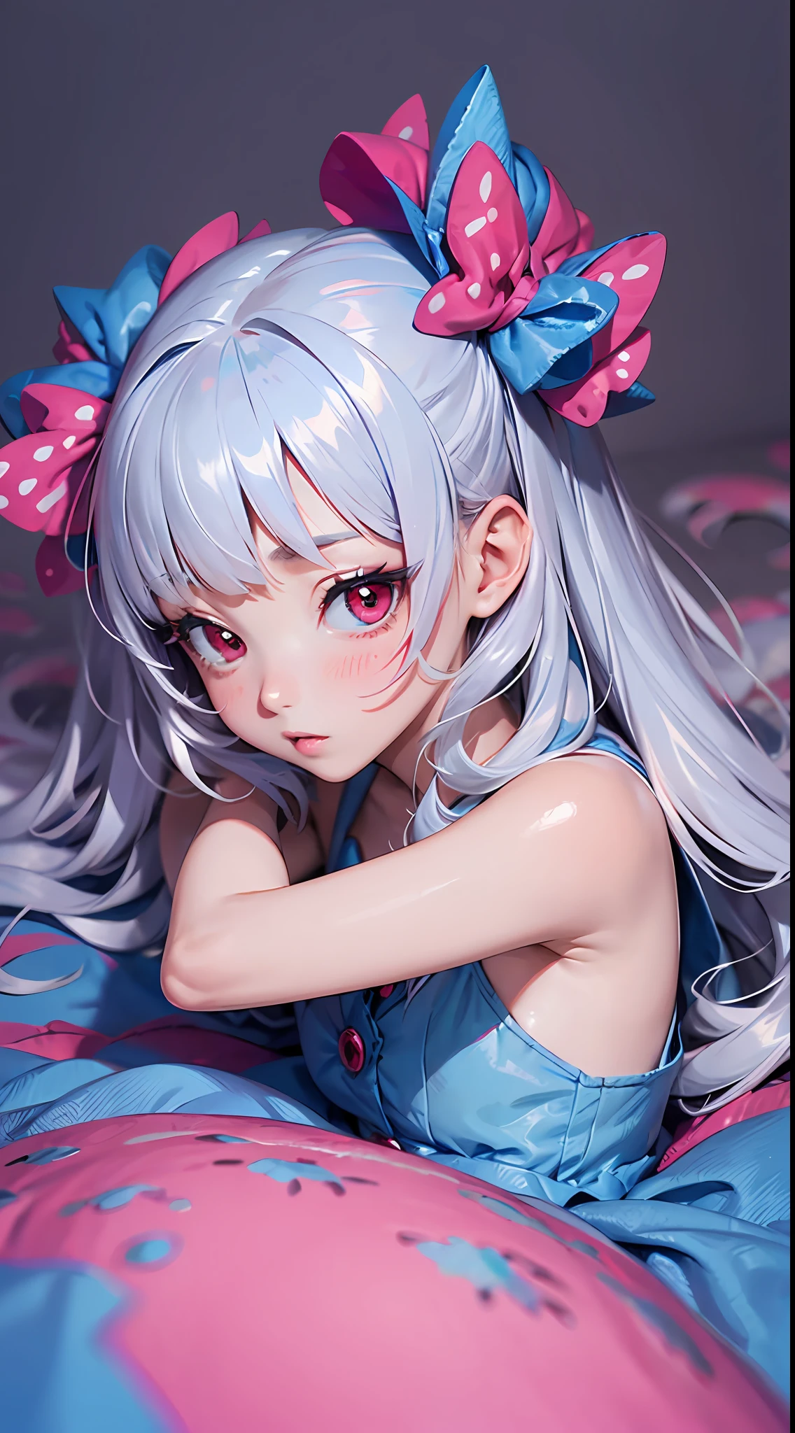 (Ultra Detailed,Ultra High Definition,Detailed Background),((2D)),((Flat Color)),((Colorful)),Alice in Wonderland,Silver Hair, Blue Dress, Red Eyes, Lying in Bed, (Pink Blush)