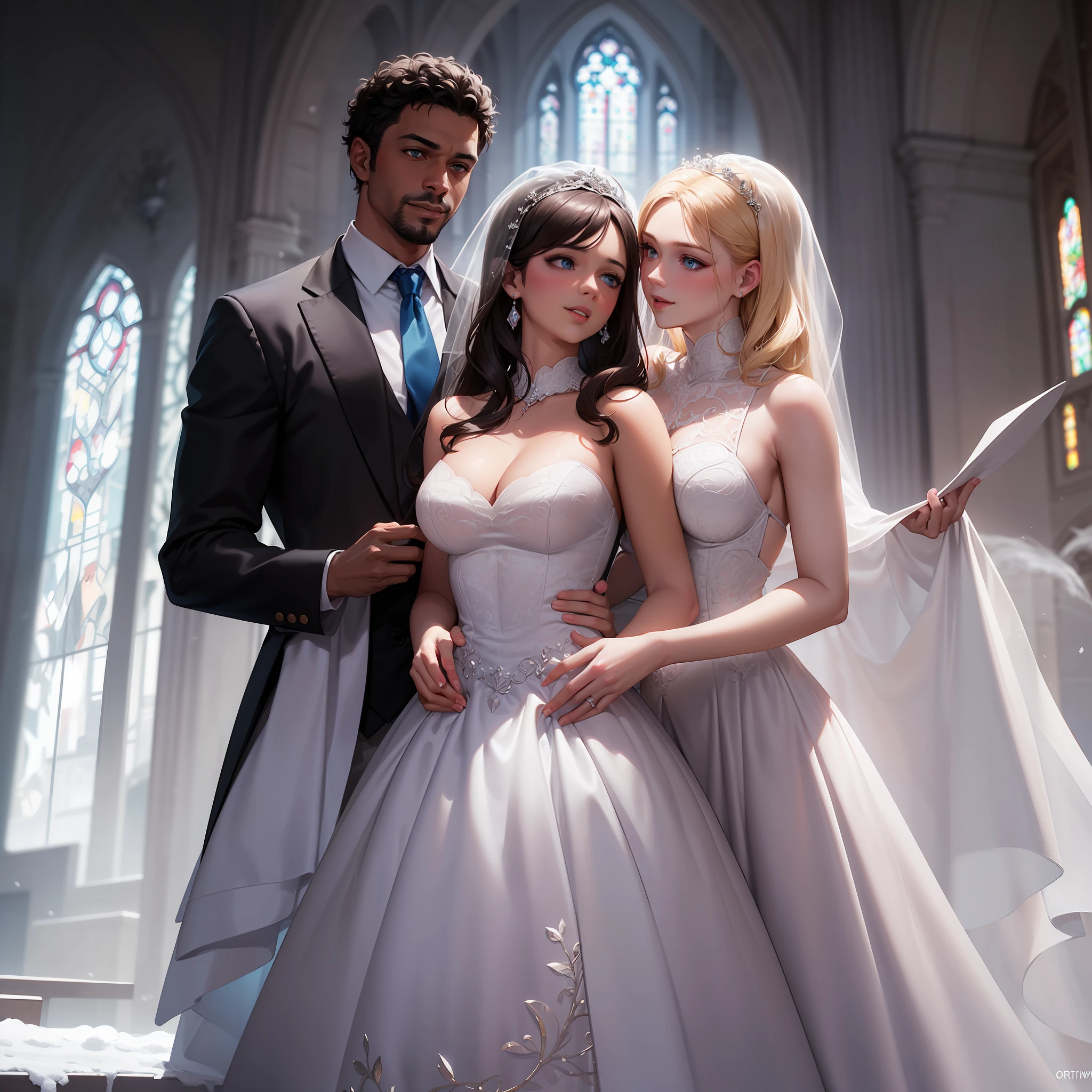 (((INTERRACIAL COUPLE))), ((medieval age)), black man and white woman, couple looking at the camera, chest angle up, background church, full body, wife and husband, woman and man, (Man: brown skin, curly hair, defined body, wearing a black suit, happy and with a masculine face), (Woman: WHITE SKIN, white wedding dress, blonde and young, long straight hair, snow-white skin, blue eyes and happy face, tall), (marriege), masterpiece, representation, 4k, unreal engine, intricate, highly detailed, beautiful lighting, light fog, 8k, trending at Artstation, professional, dramatic, illustration, high quality, , award-winning portrait, f/22, symmetrical , dynamic poses, concept art portrait by Greg Rutkowski and Martina Fačková and Prywinko Art.