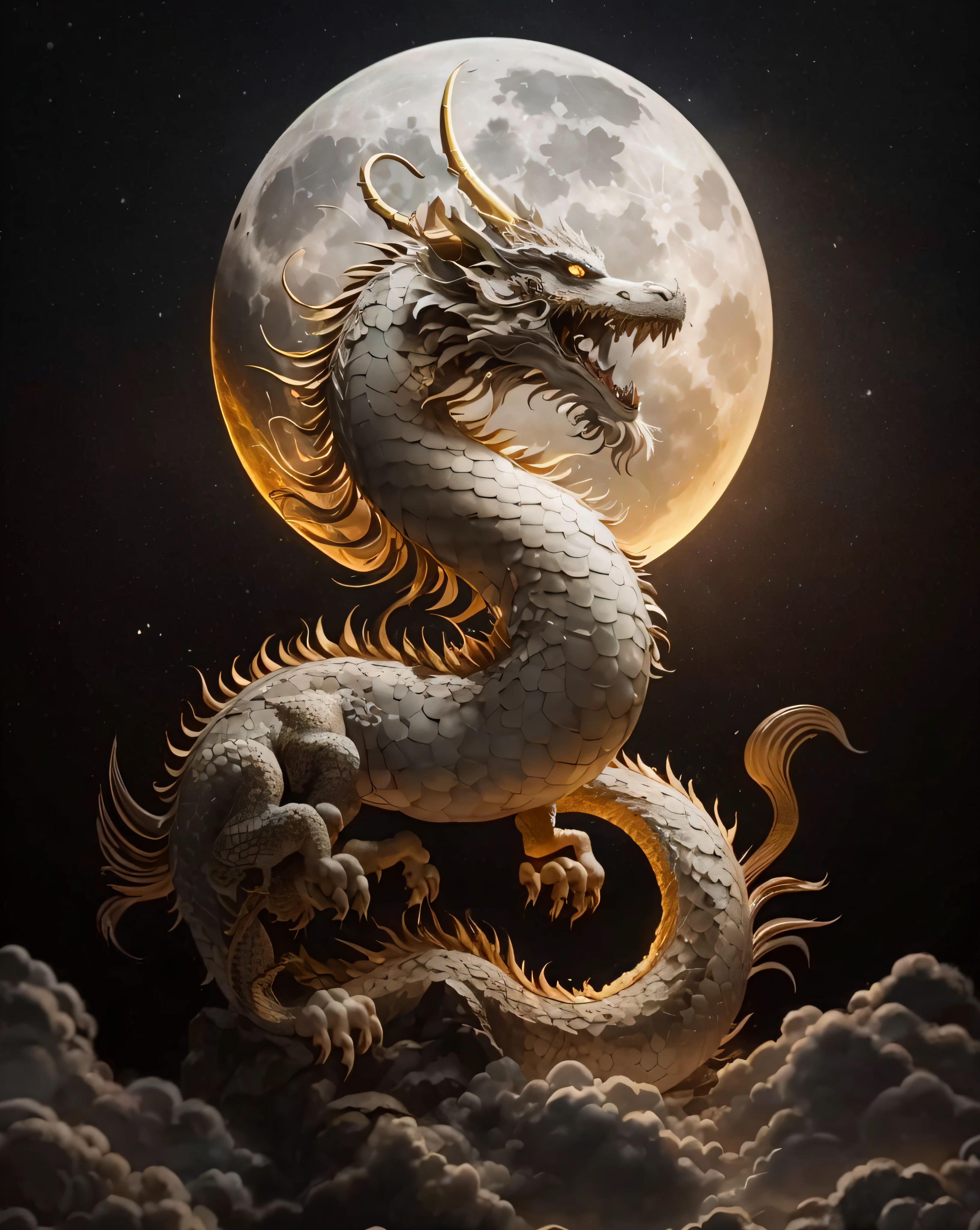 a close up of a dragon on a cloud with a full moon in the background, smooth chinese dragon, loong, dragon art, a dragon made of clouds, god of dragons, golden dragon, chinese dragon concept art, lung dragon, chinese dragon, dragon centered, chinese fantasy, dragon, ultraterrestrial dragons, a dragon, majestic japanese dragon --auto