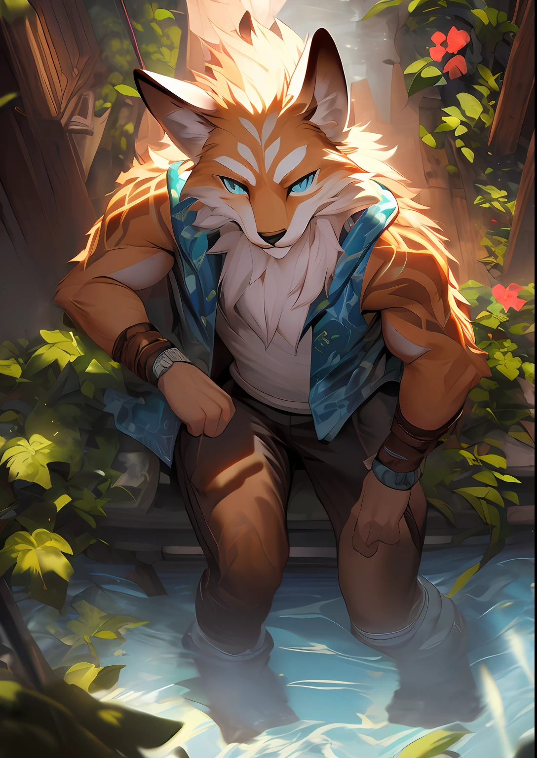 uploaded on e621, by Pixelsketcher, by Bayard Wu, by Thomas Benjamin Kennington , by Einshelm,
solo, with ((neck tuft)) and (fluffy tail) and ((clear navy blue eyes)), (( portrait)), BREAK,
((wear green and blue hawaii floral shirt)), (detailed Chunie feral fox), (detailed Bonifasko lighting), (detailed fur), (detailed skin), BREAK,
((sitting at community on full moon night)), (cinematic lighting), ((detailed background)), ((high-angle view)),
(((three-quarter view))), (half body shadow),
[backlighting], [crepuscular ray], [detailed ambient light], [gray natural lighting], [ambient light on the belly], (higher wildlife feral detail),
[realistic proportions], [explict content], [sharp focus], (questionable content), (shaded), ((masterpiece)), BREAK,  lin hu,