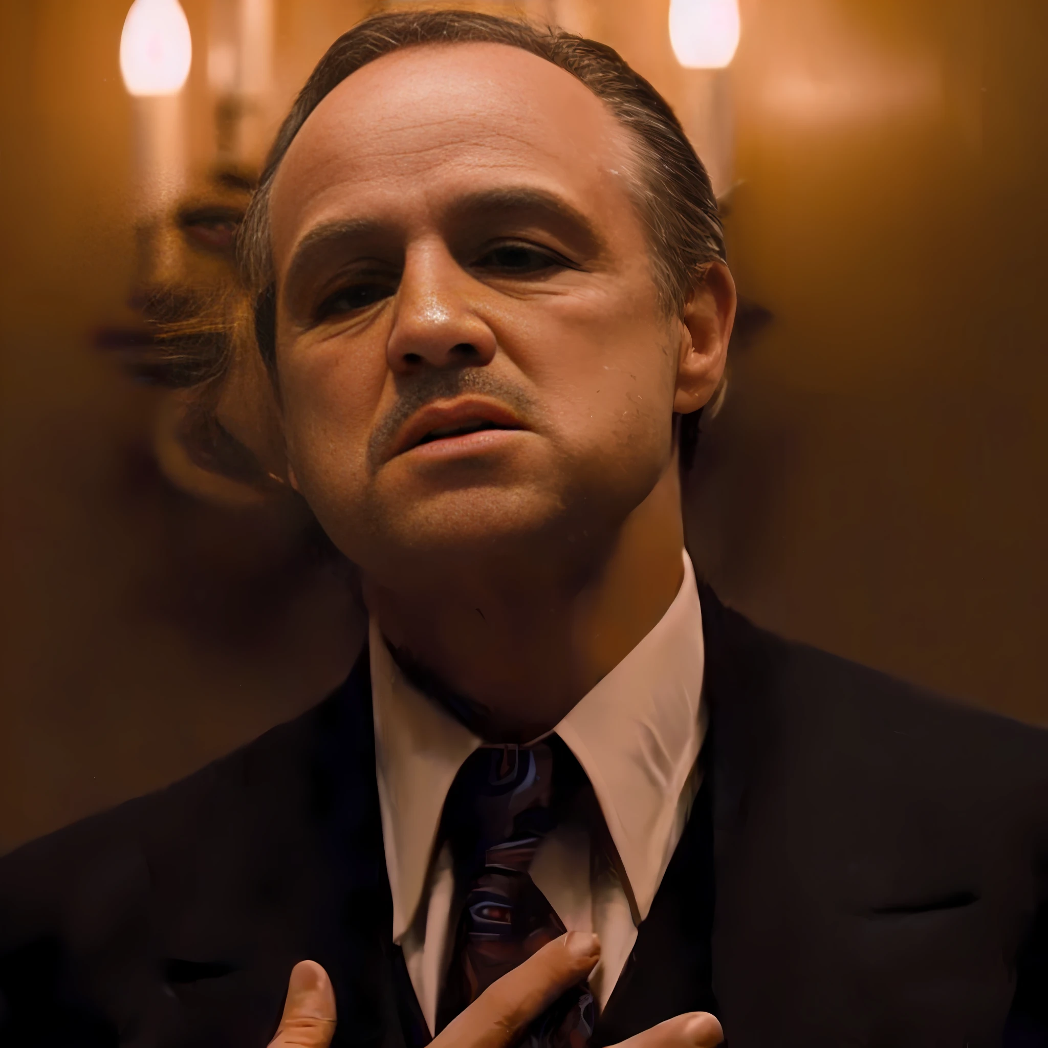 He was an old, gloomy-looking man wearing a neat suit and showing a confident and elegant posture. His black hair is short and neat, highlighting his sharp personality. His face was grim and his eyes were sharp. His costumes have pronounced pleats, which adds to the texture of his image. His scene is set indoors, with light from the top illuminating to create a deep shadow effect that further enhances his image as an evil villain. This style of drawing has the characteristics of a comic, giving people an exaggerated and tense feeling.