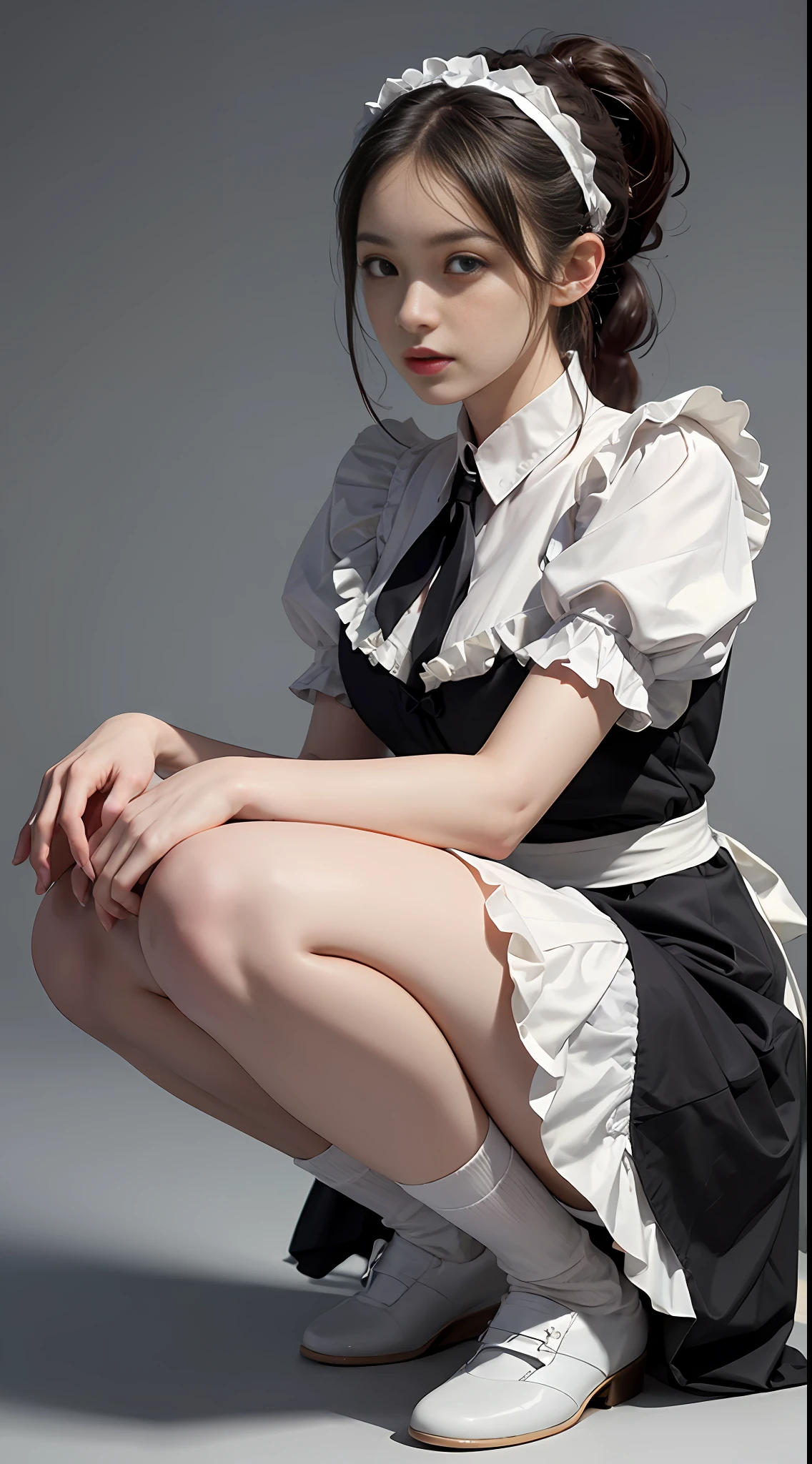 Top quality, masterpiece, ultra high resolution, (photorealistic: 1.4), raw photo, 1 girl, British maid, ruffled maid headband, ponytail, braided hair, ruffled blouse, ribbon tie, apron, long skirt, puff sleeves, white silk ankle socks with frills, glowing skin, nothing grey background, flowers, squatting